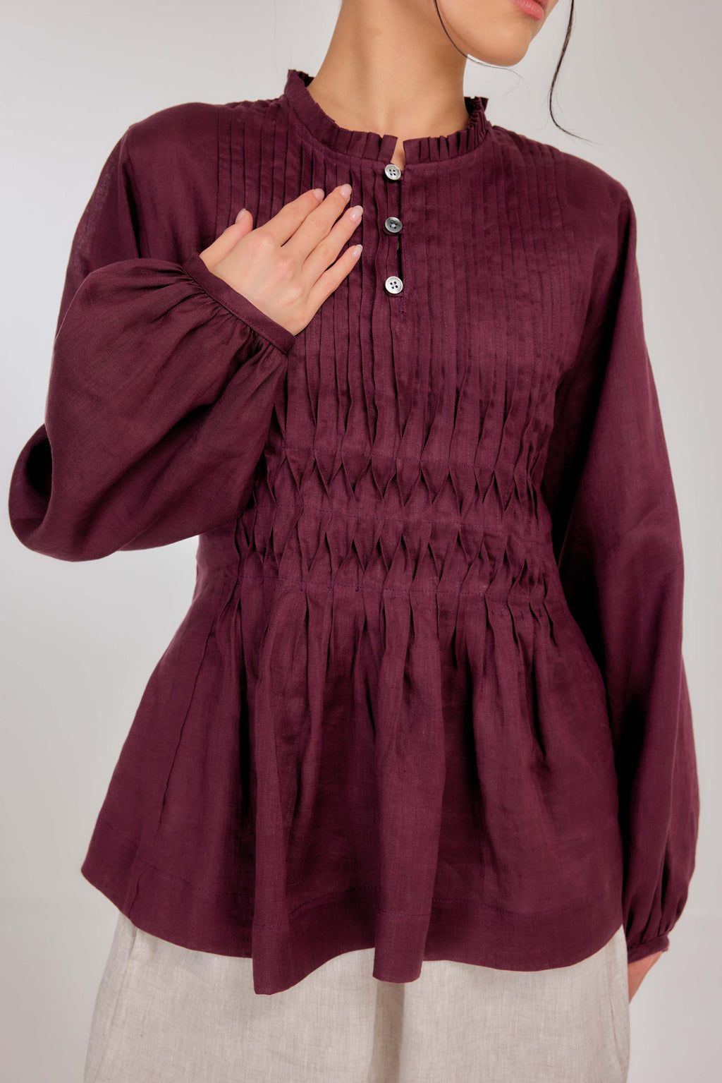 10 - Memento Pleated Lace-Up Pure Linen Top in Vintage Berry