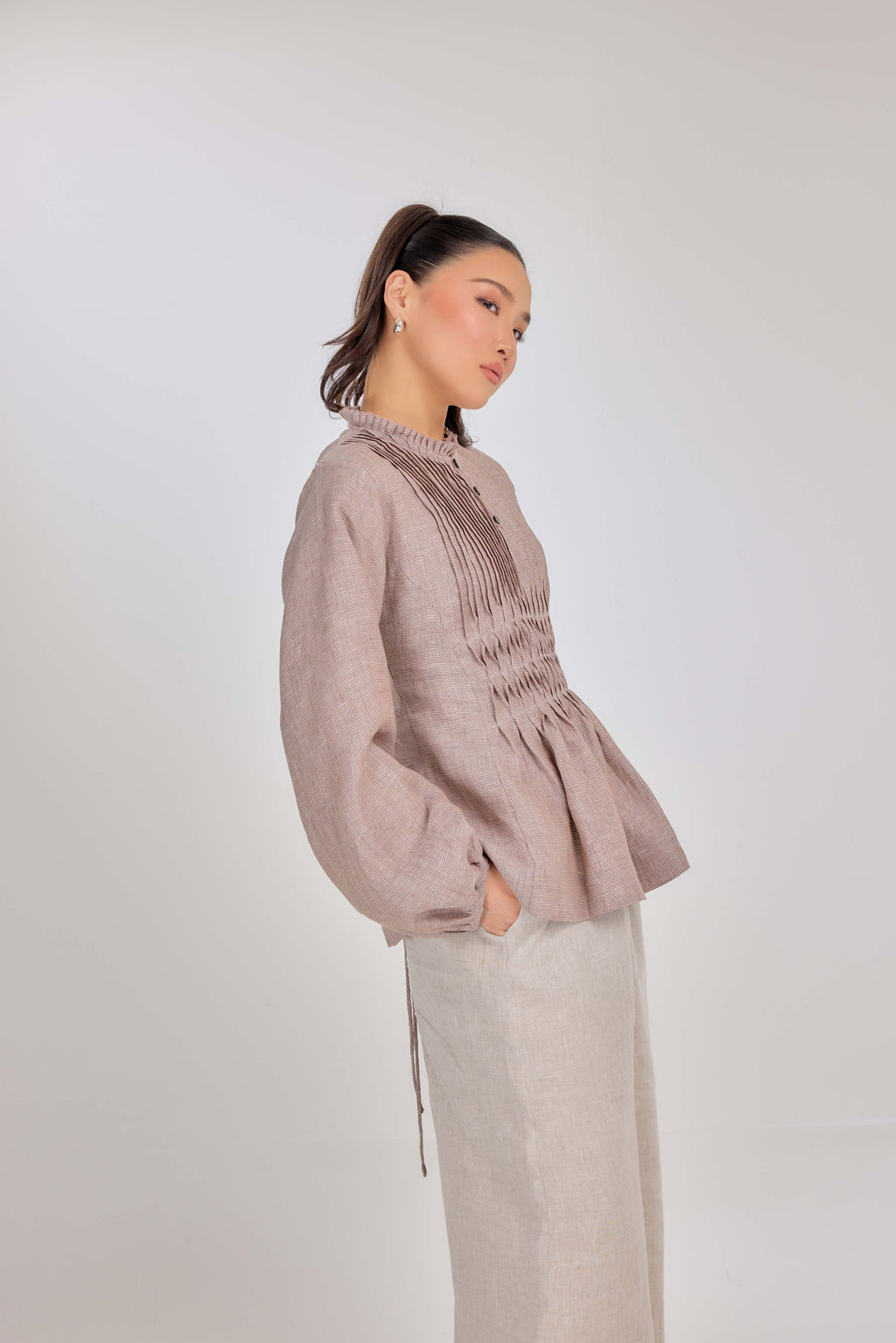 21 - Memento Pleated Lace-Up Micro-Check Pure Linen Top in Baroque