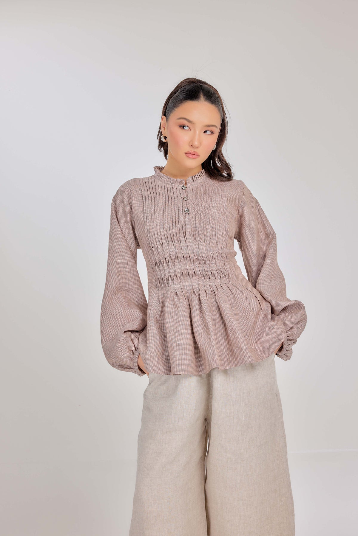 21 - Memento Pleated Lace-Up Micro-Check Pure Linen Top in Baroque