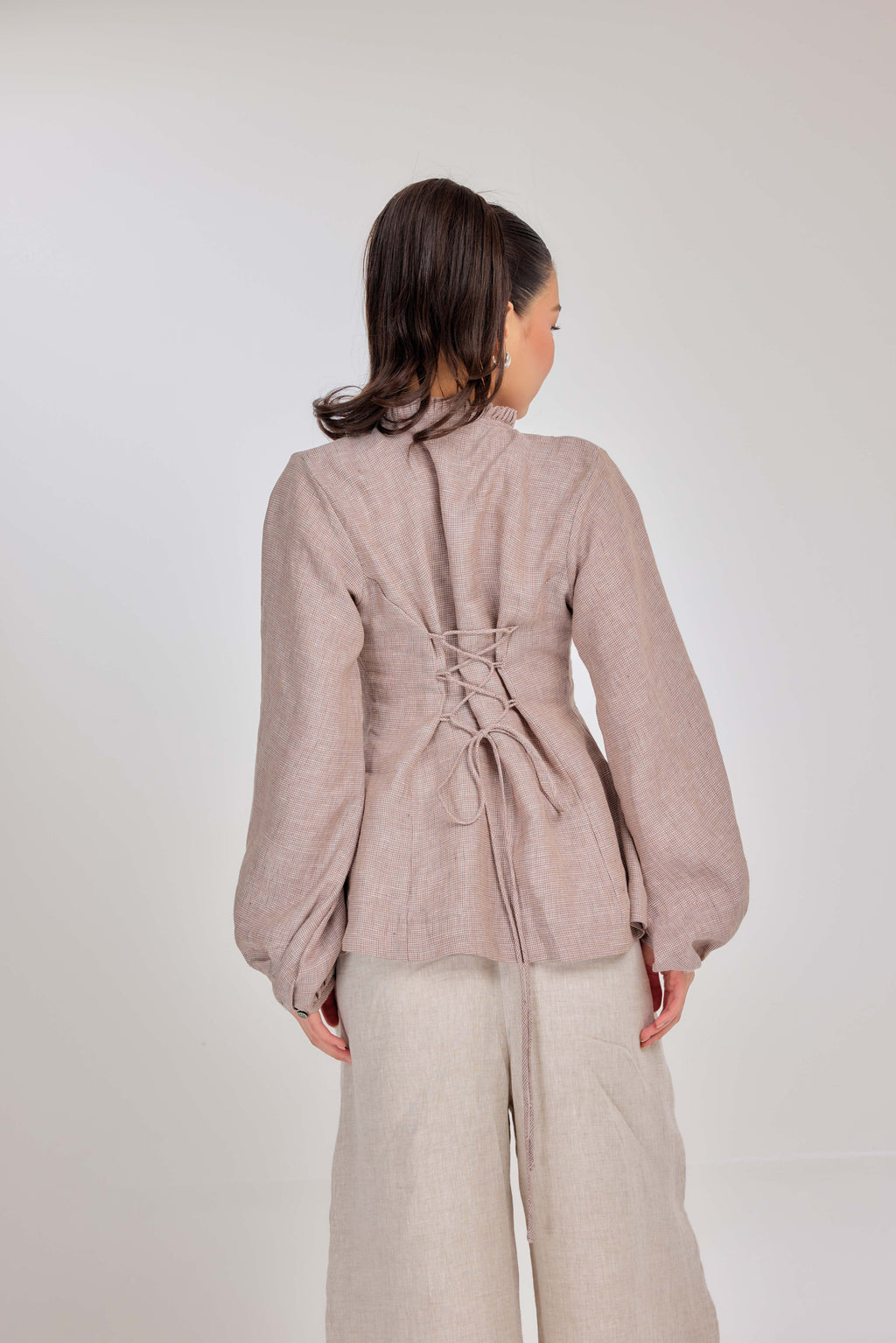 21 - Memento Pleated Lace-Up Micro-Check Pure Linen Top in Baroque