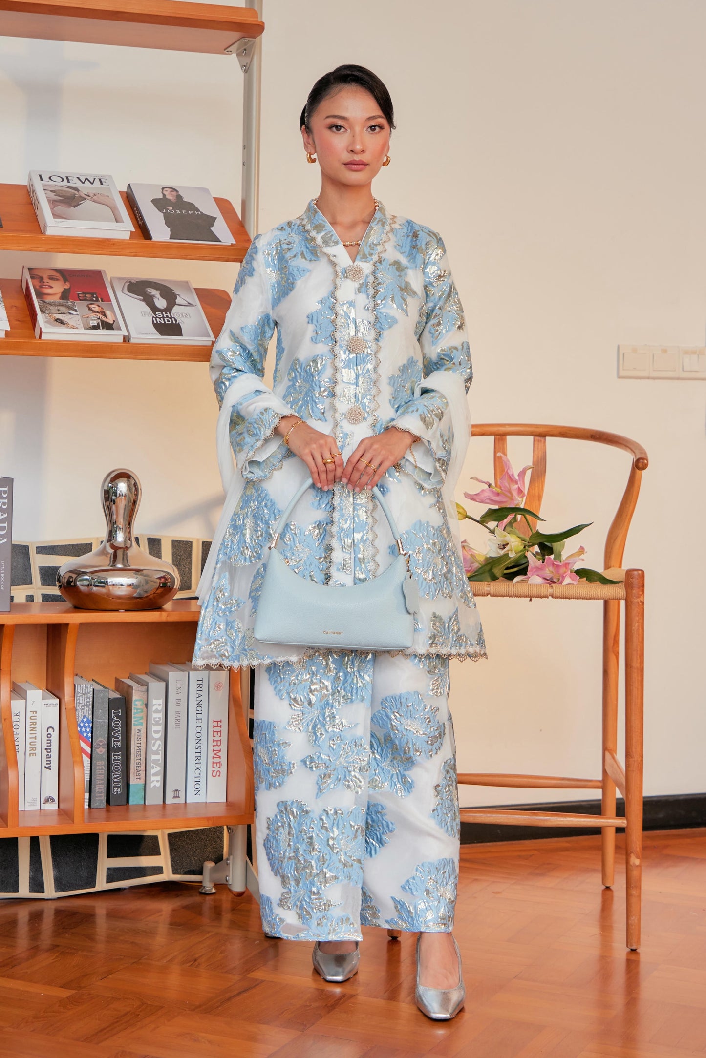 Serenity Blue - Raia Kebaya Organza Lace Set (Full Lining)