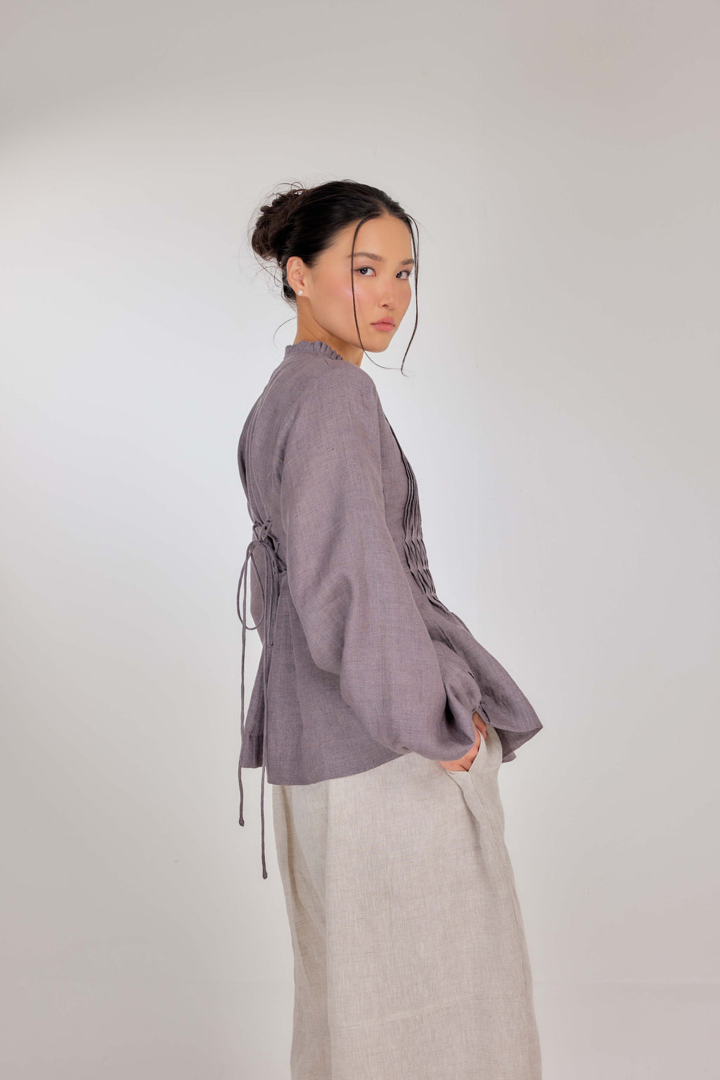 05 - Memento Pleated Lace-Up Pure Linen Top in Plum Grey