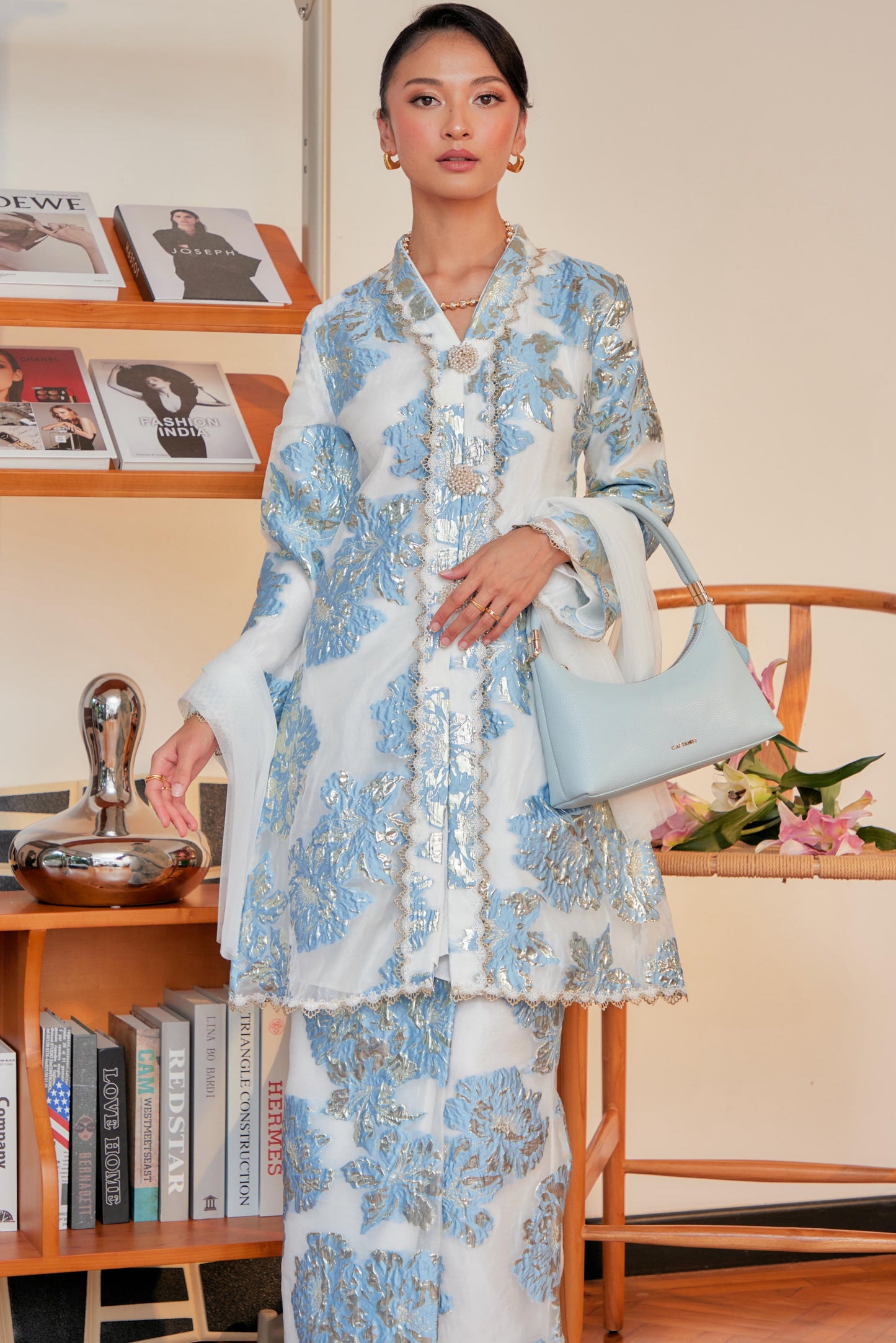 Serenity Blue - Raia Kebaya Organza Lace Set (Full Lining)