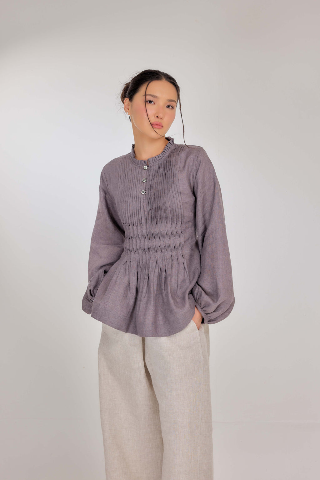 05 - Memento Pleated Lace-Up Pure Linen Top in Plum Grey
