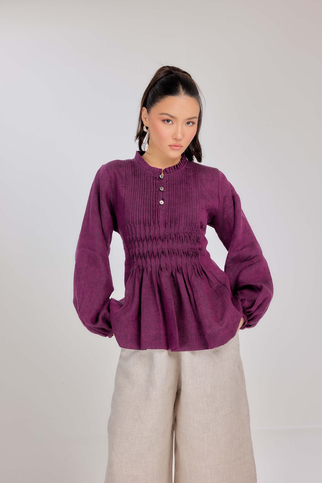 19 - Memento Pleated Lace-Up Micro-Check Pure Linen Top in Mulberry