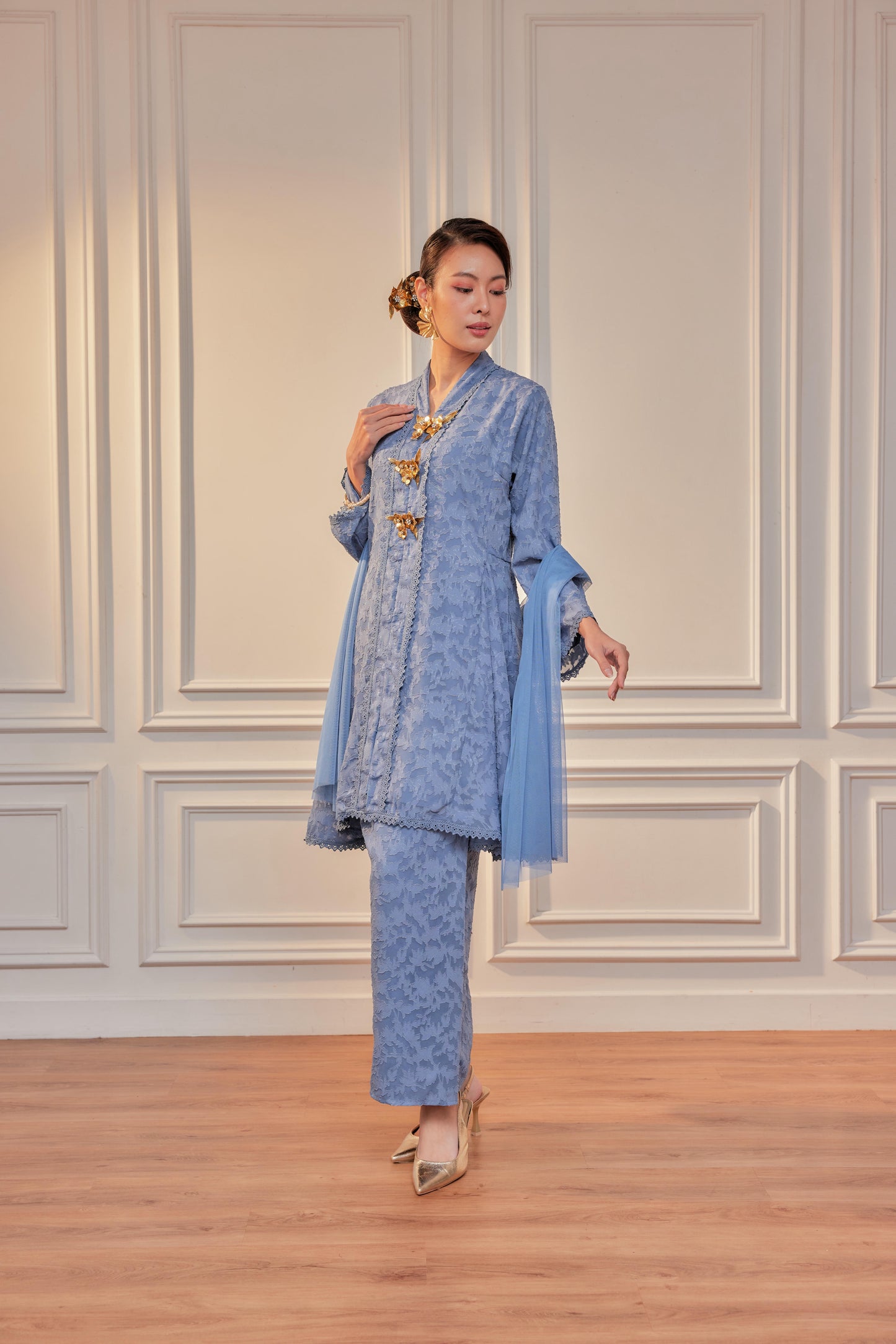 Hydrangea Blue - Jacquard Lace Kebaya Riau Set (Full Lining)