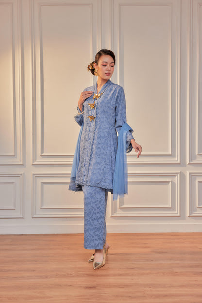 Hydrangea Blue - Jacquard Lace Kebaya Riau Set (Full Lining)