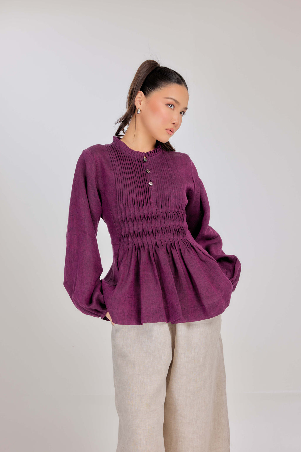 19 - Memento Pleated Lace-Up Micro-Check Pure Linen Top in Mulberry