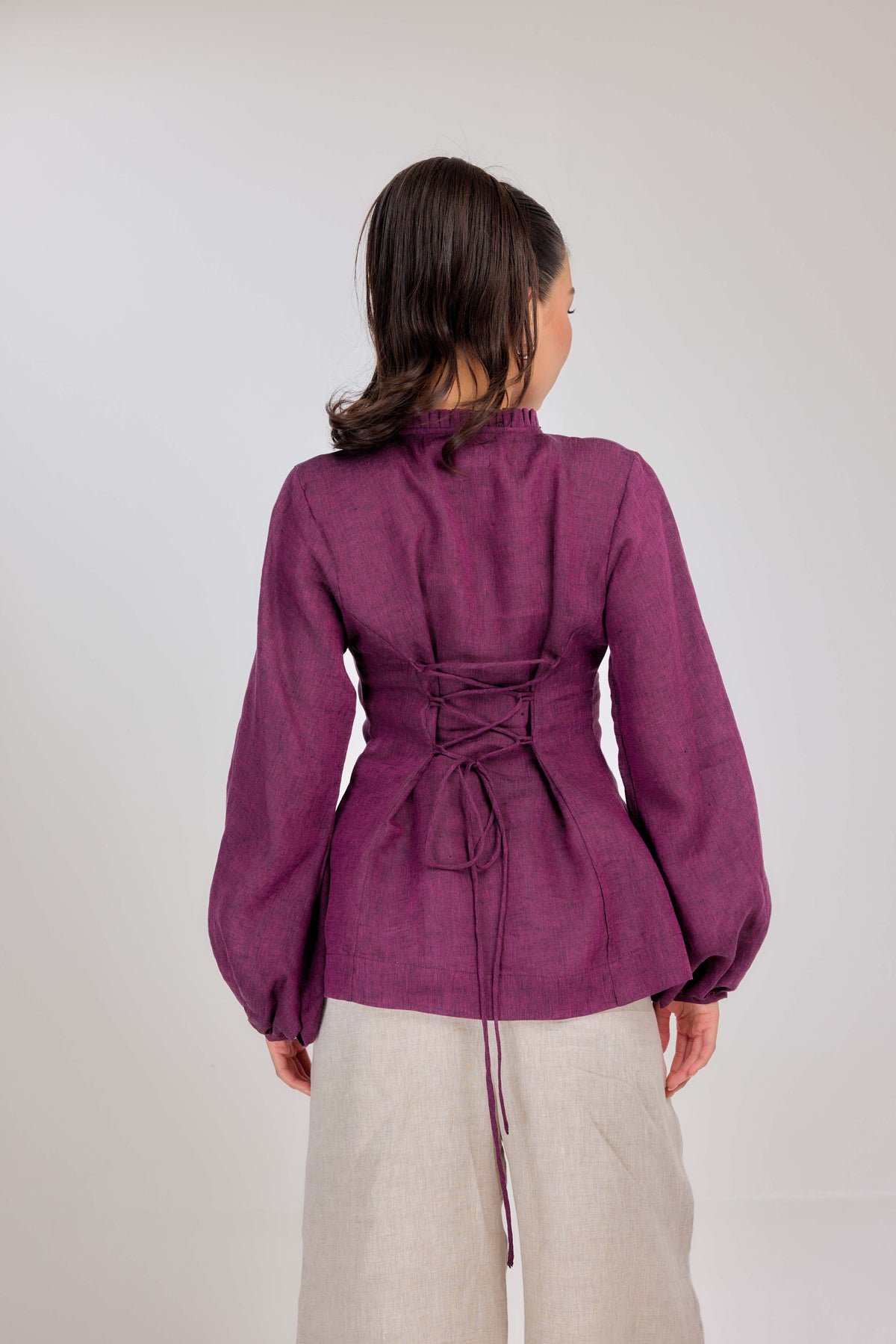 19 - Memento Pleated Lace-Up Micro-Check Pure Linen Top in Mulberry