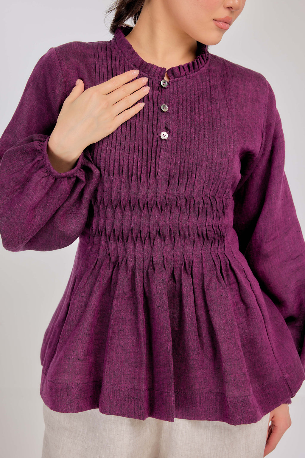 19 - Memento Pleated Lace-Up Micro-Check Pure Linen Top in Mulberry