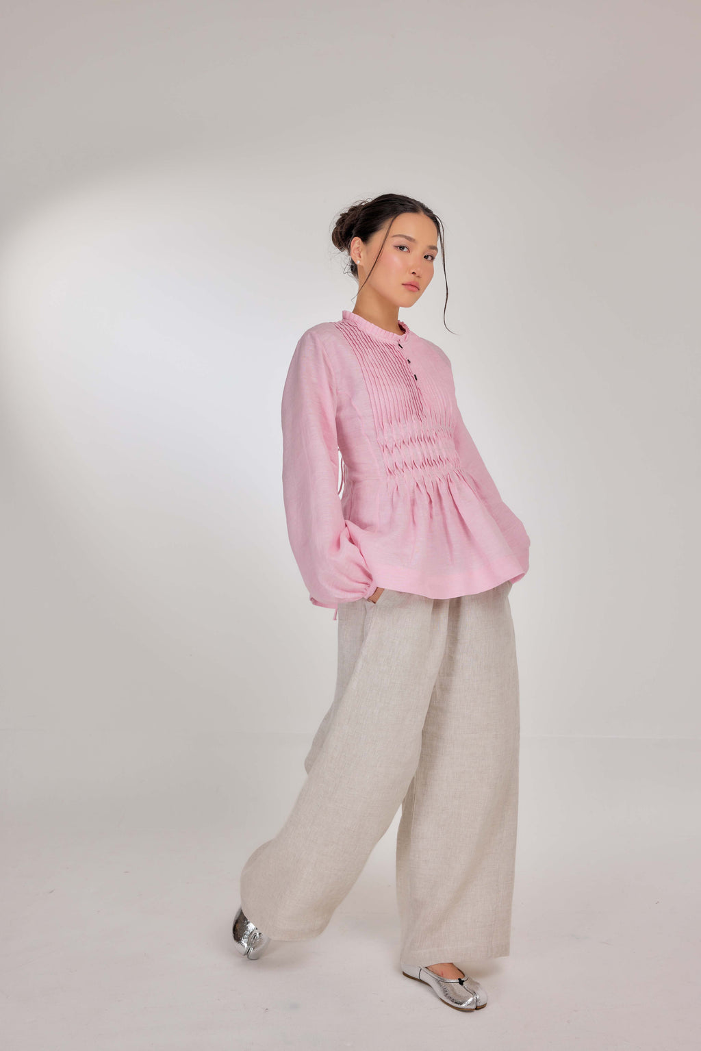 02 - Memento Pleated Lace-Up Pure Linen Top in Rose Pompon