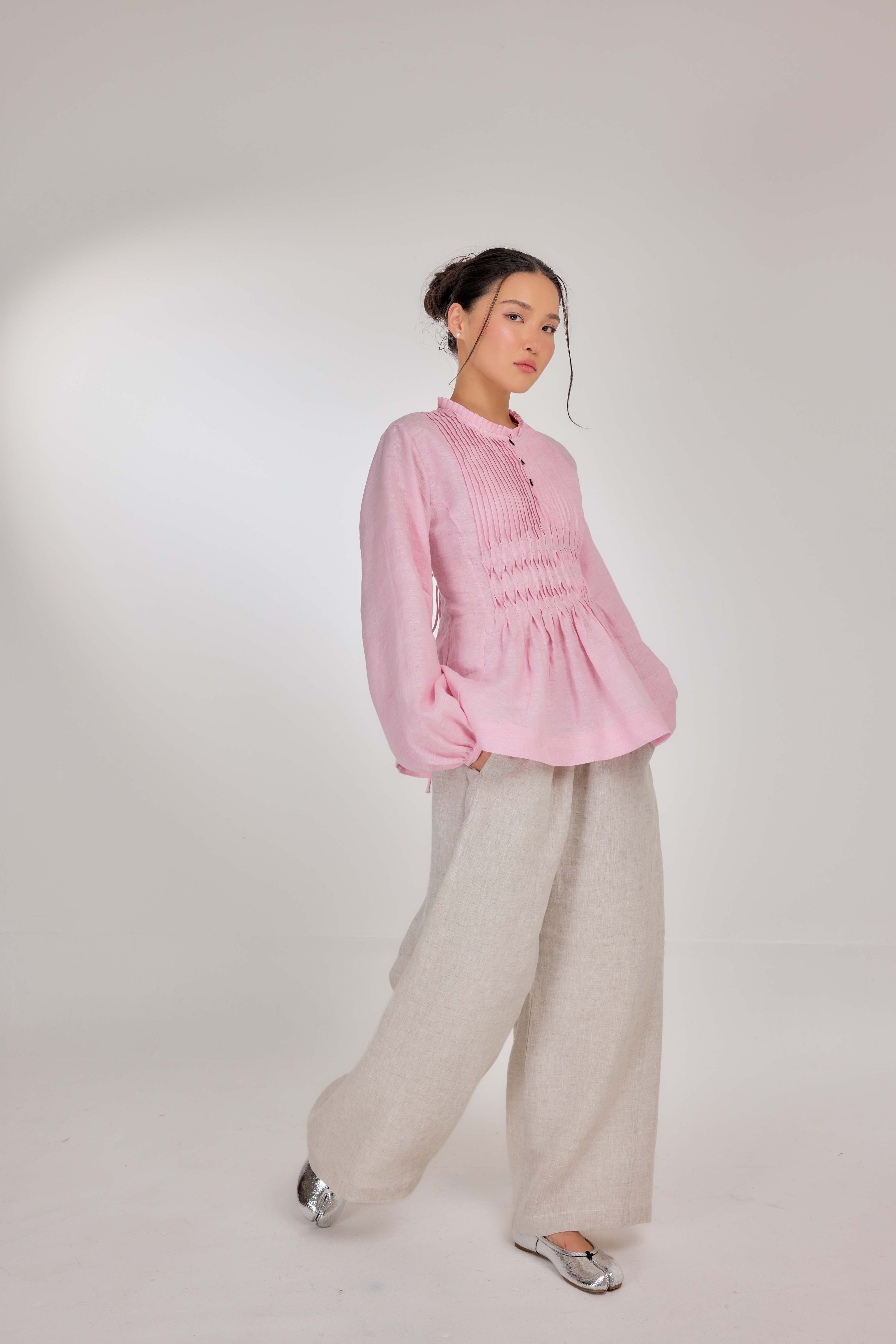 02 - Memento Pleated Lace-Up Pure Linen Top in Rose Pompon