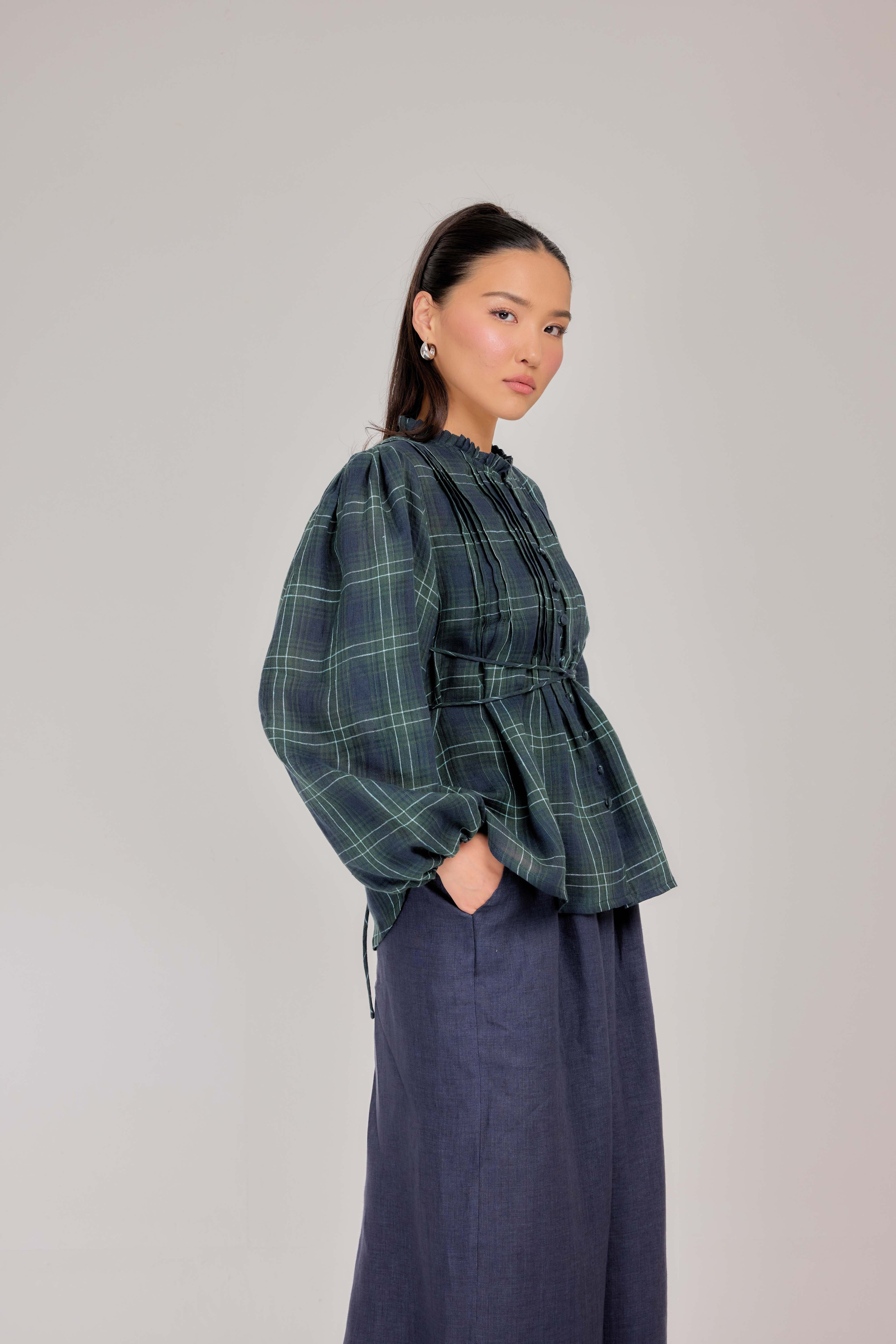 02 - The Daydream Tie-Waist Plaid Pure Linen Top in Heritage Green