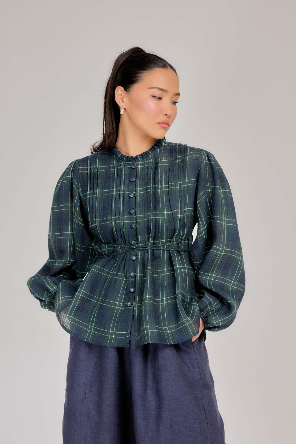 02 - The Daydream Tie-Waist Plaid Pure Linen Top in Heritage Green
