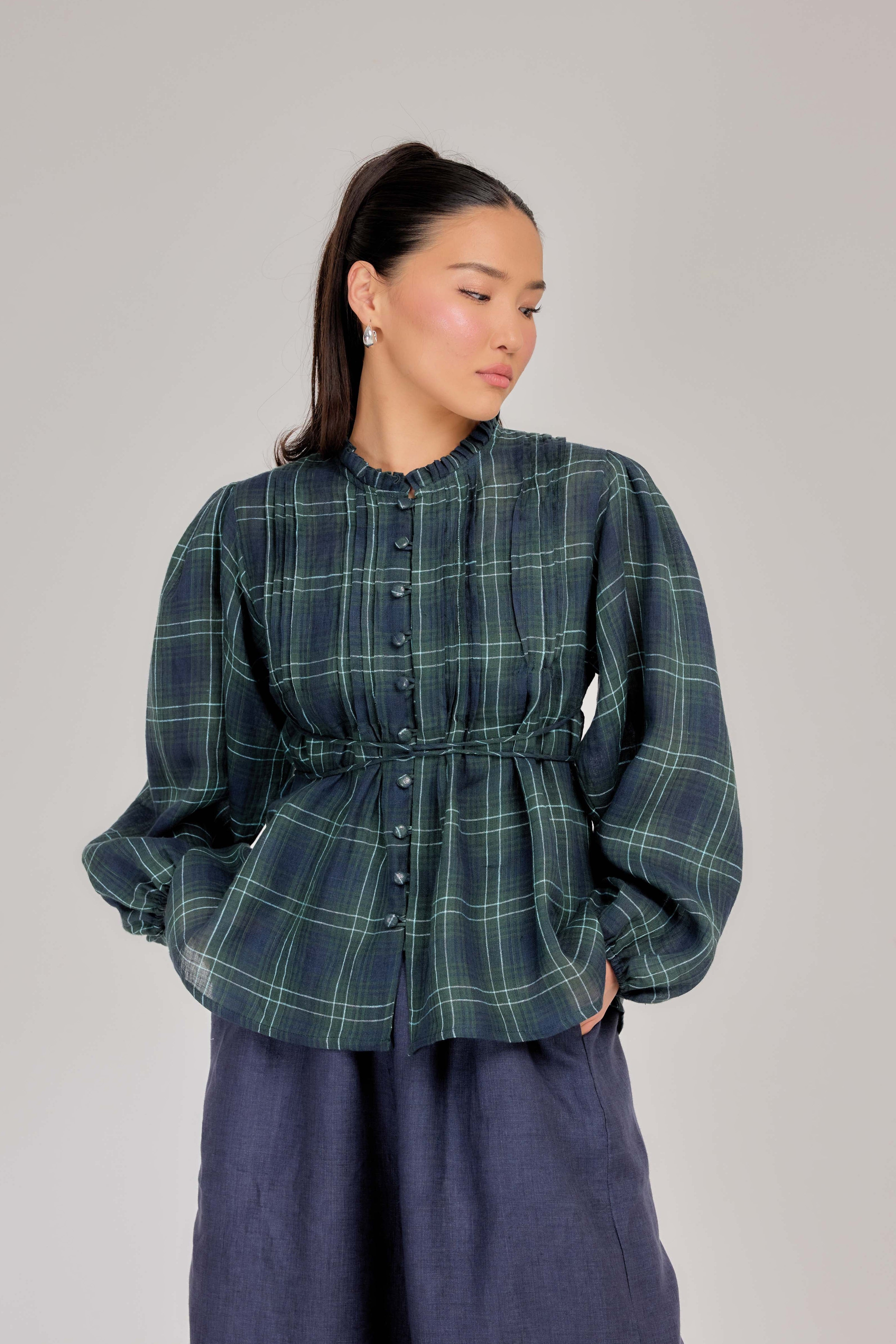 02 - The Daydream Tie-Waist Plaid Pure Linen Top in Heritage Green
