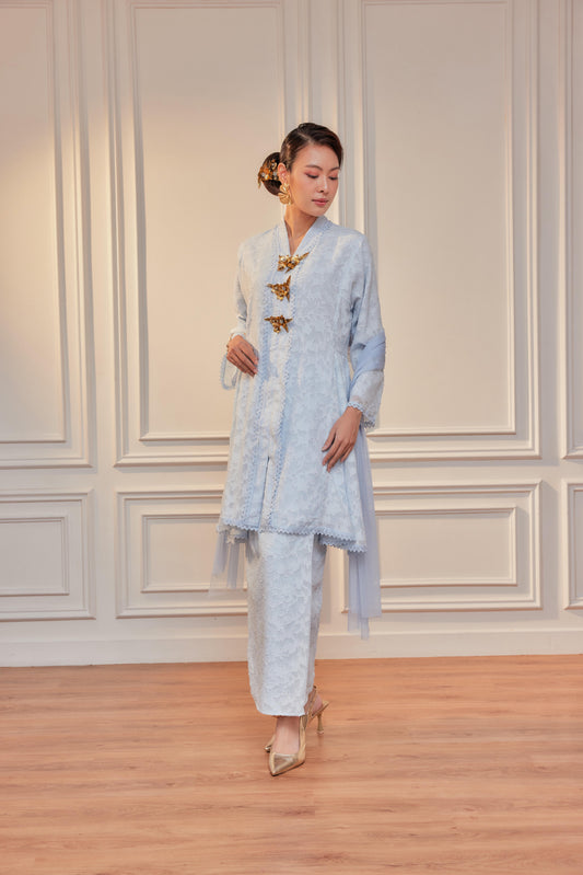 Glacier Blue - Jacquard Lace Kebaya Riau Set (Full Lining)