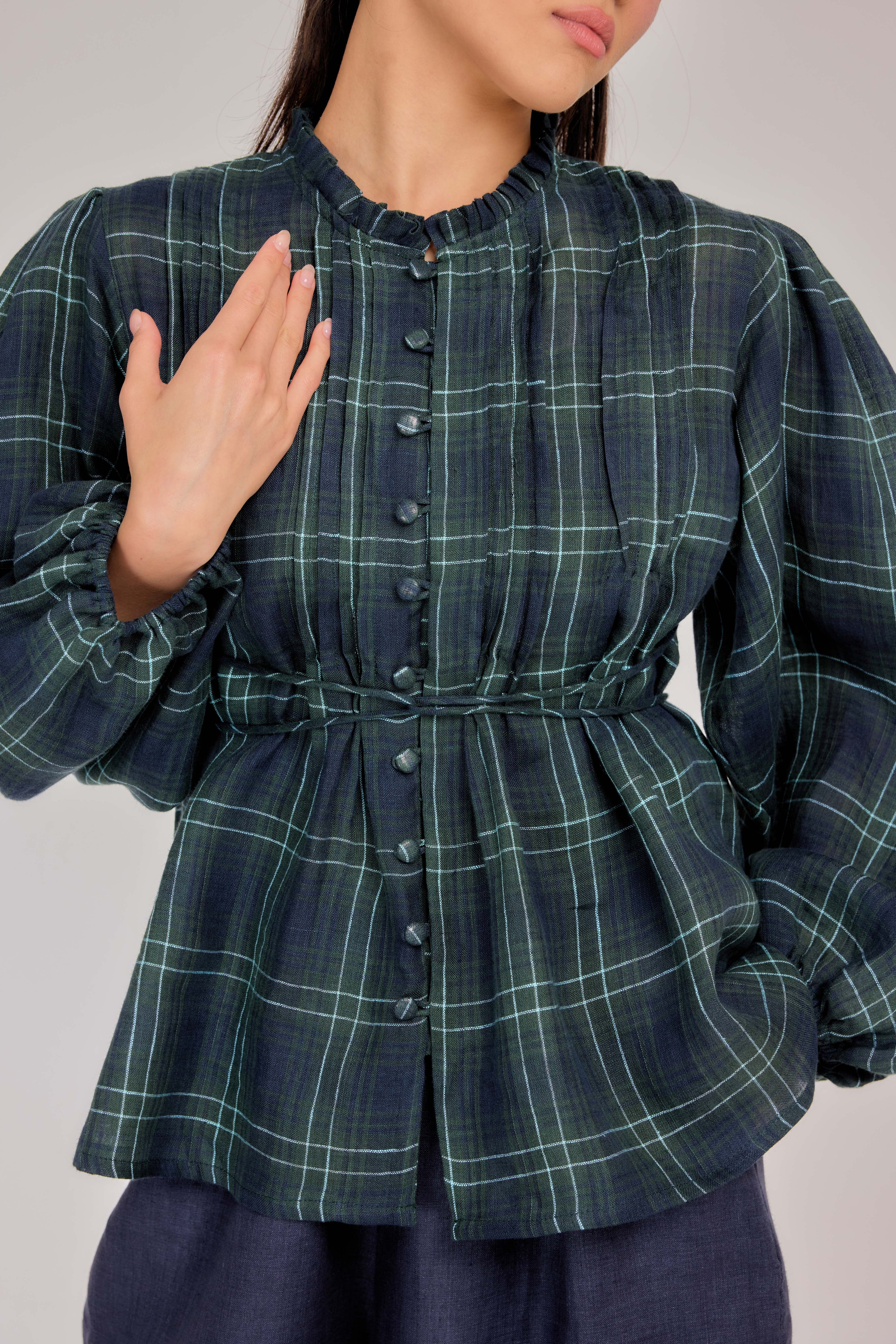 02 - The Daydream Tie-Waist Plaid Pure Linen Top in Heritage Green