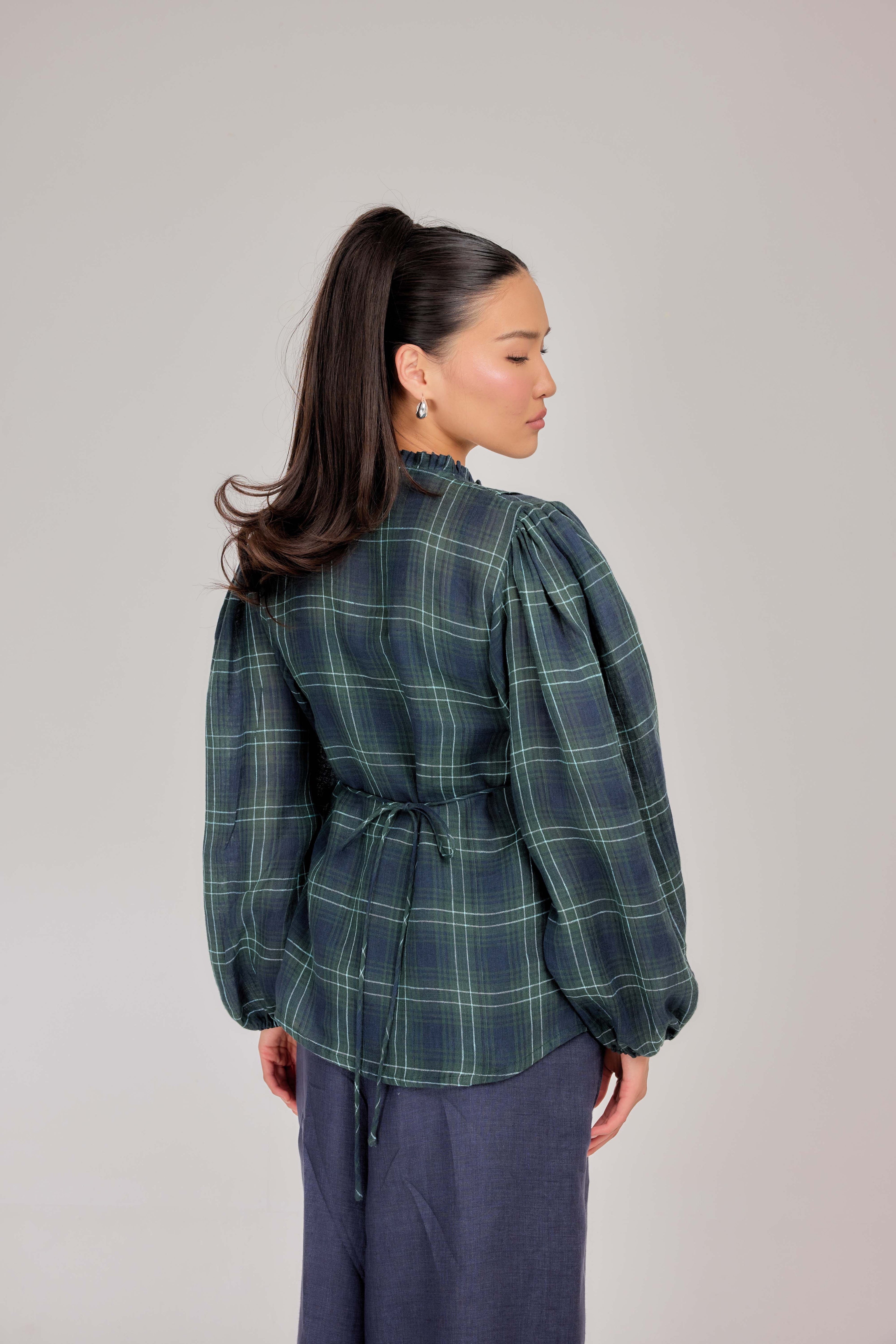 02 - The Daydream Tie-Waist Plaid Pure Linen Top in Heritage Green