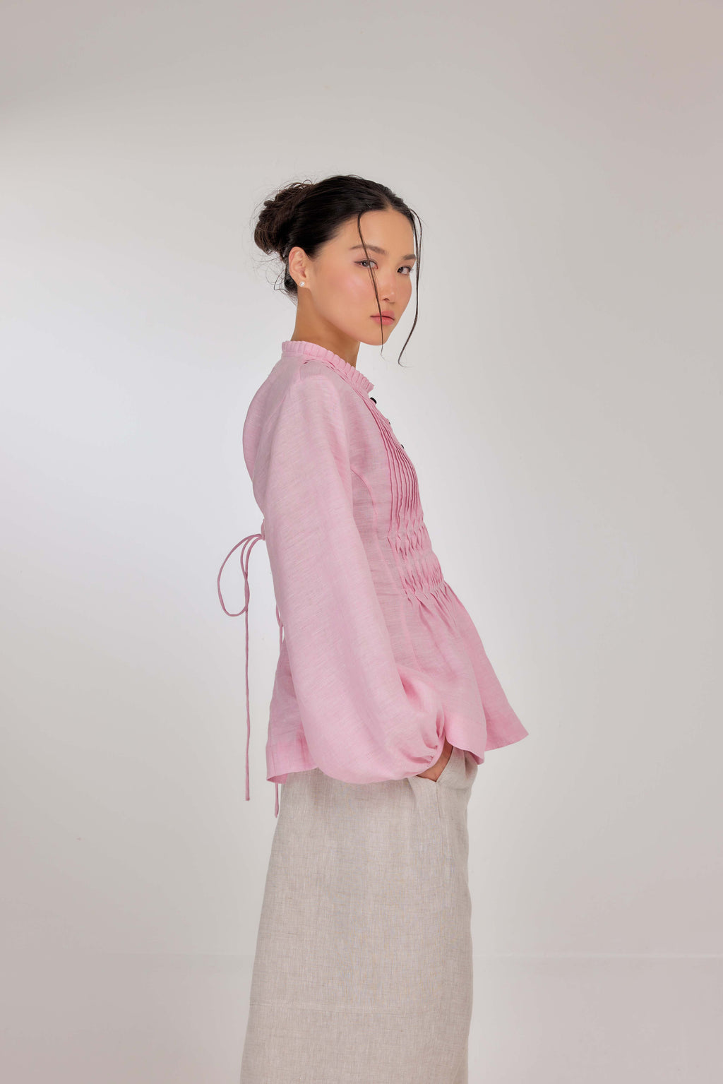 02 - Memento Pleated Lace-Up Pure Linen Top in Rose Pompon