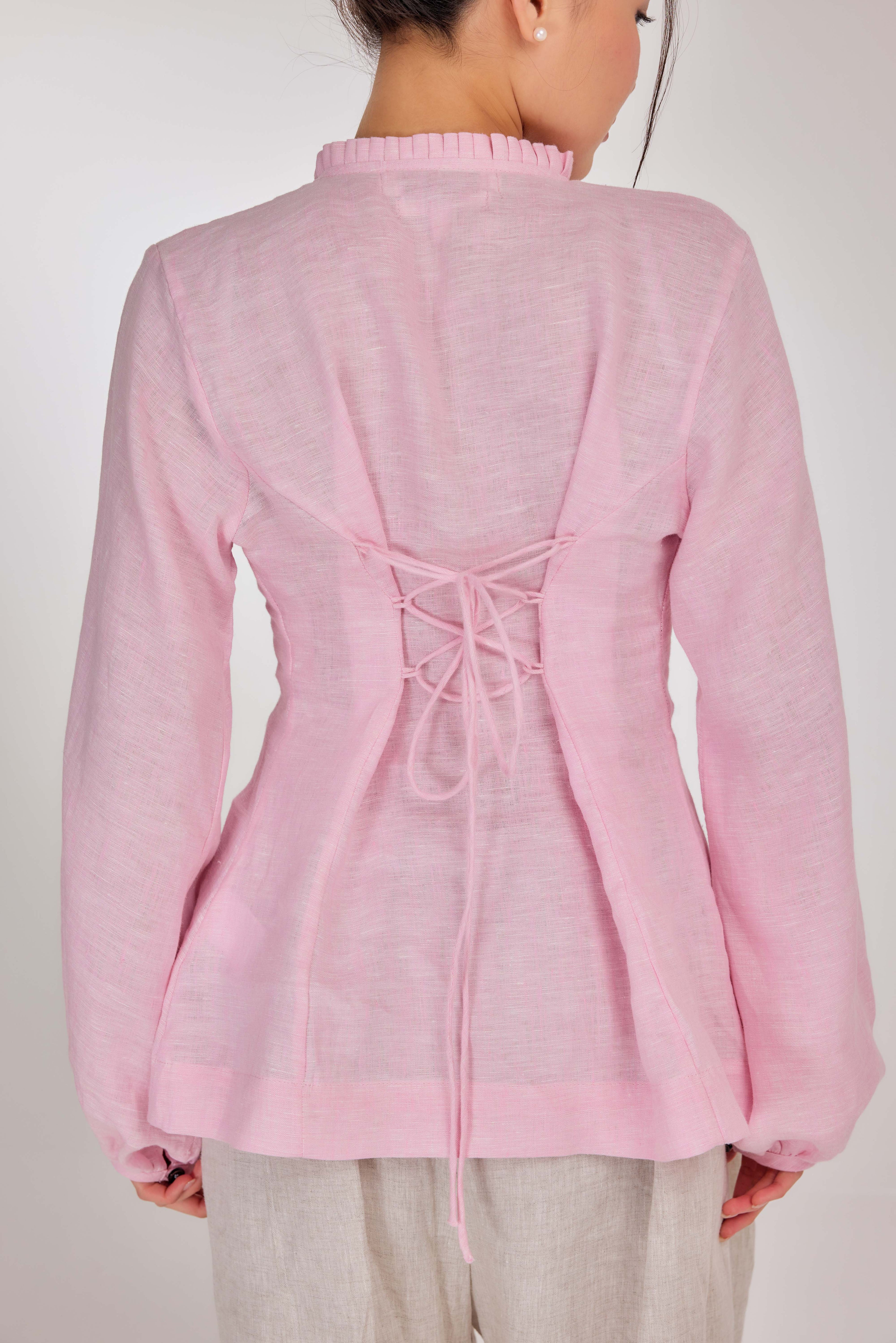 02 - Memento Pleated Lace-Up Pure Linen Top in Rose Pompon