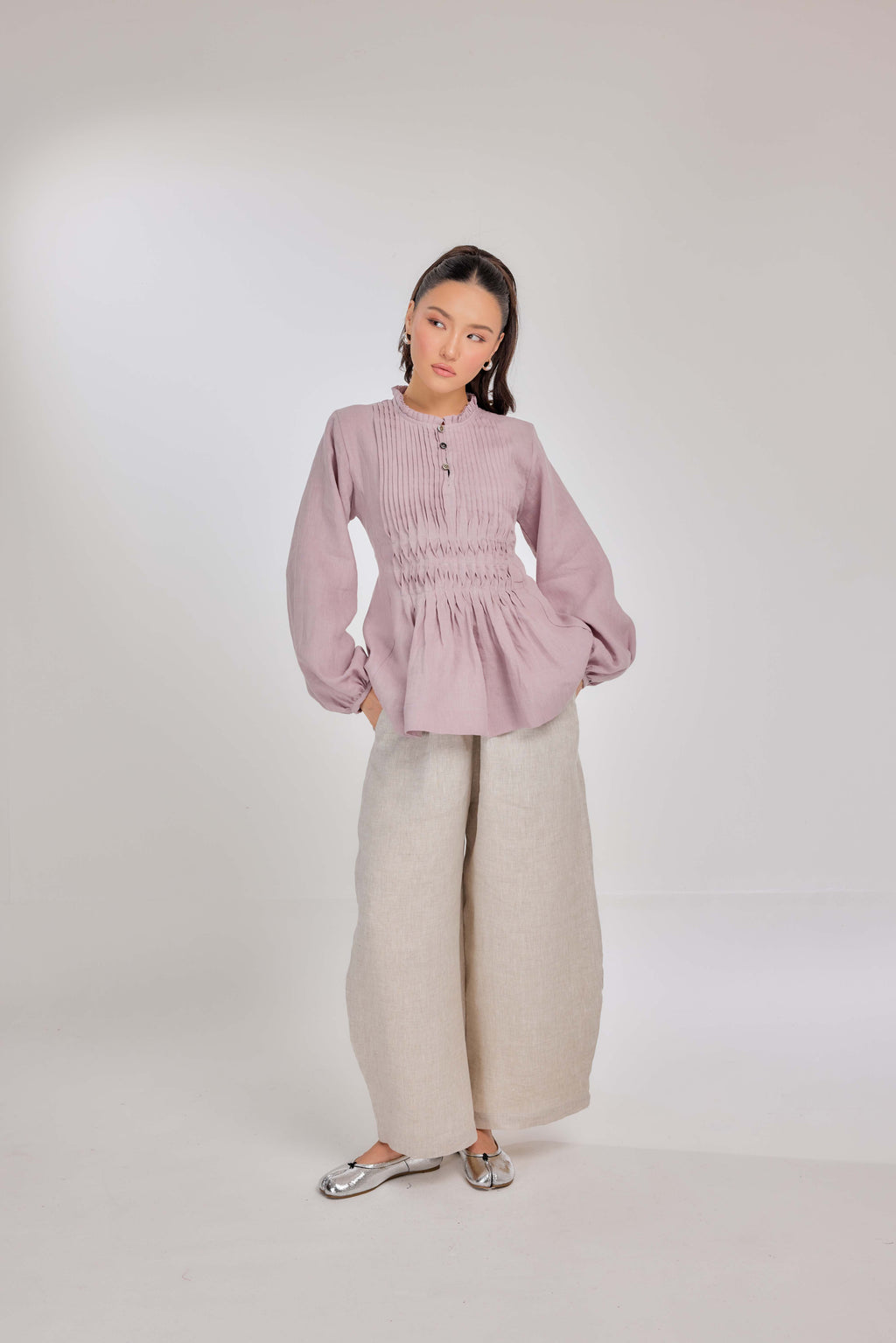 23 - Memento Pleated Lace-Up Micro-Check Pure Linen Top in Mauve Mist