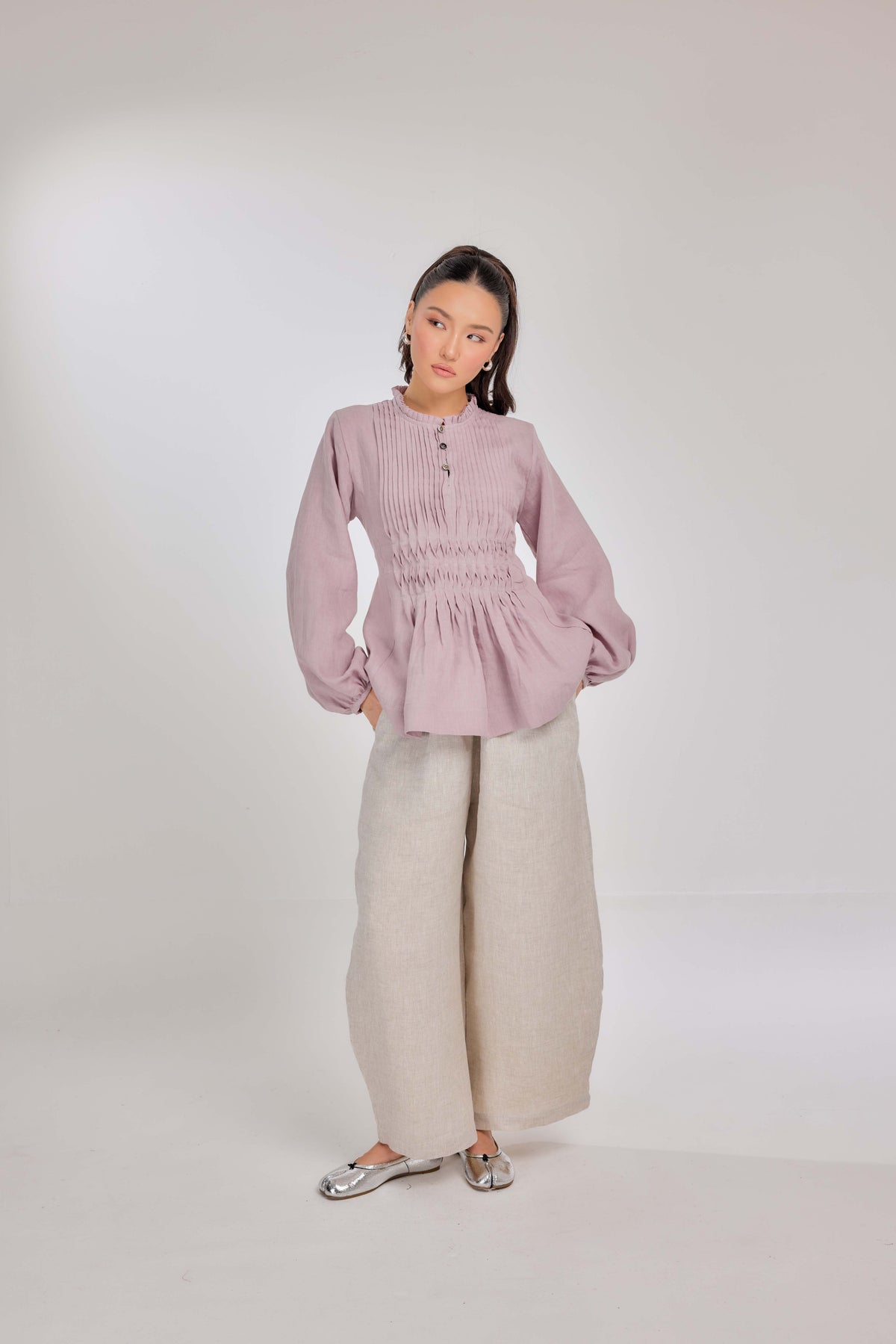 23 - Memento Pleated Lace-Up Micro-Check Pure Linen Top in Mauve Mist