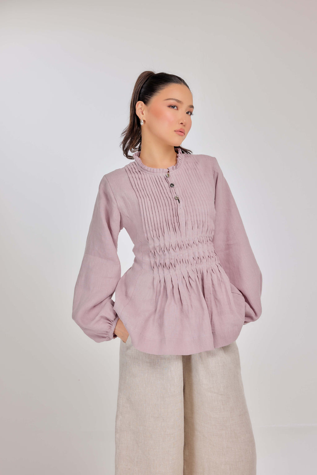 23 - Memento Pleated Lace-Up Micro-Check Pure Linen Top in Mauve Mist