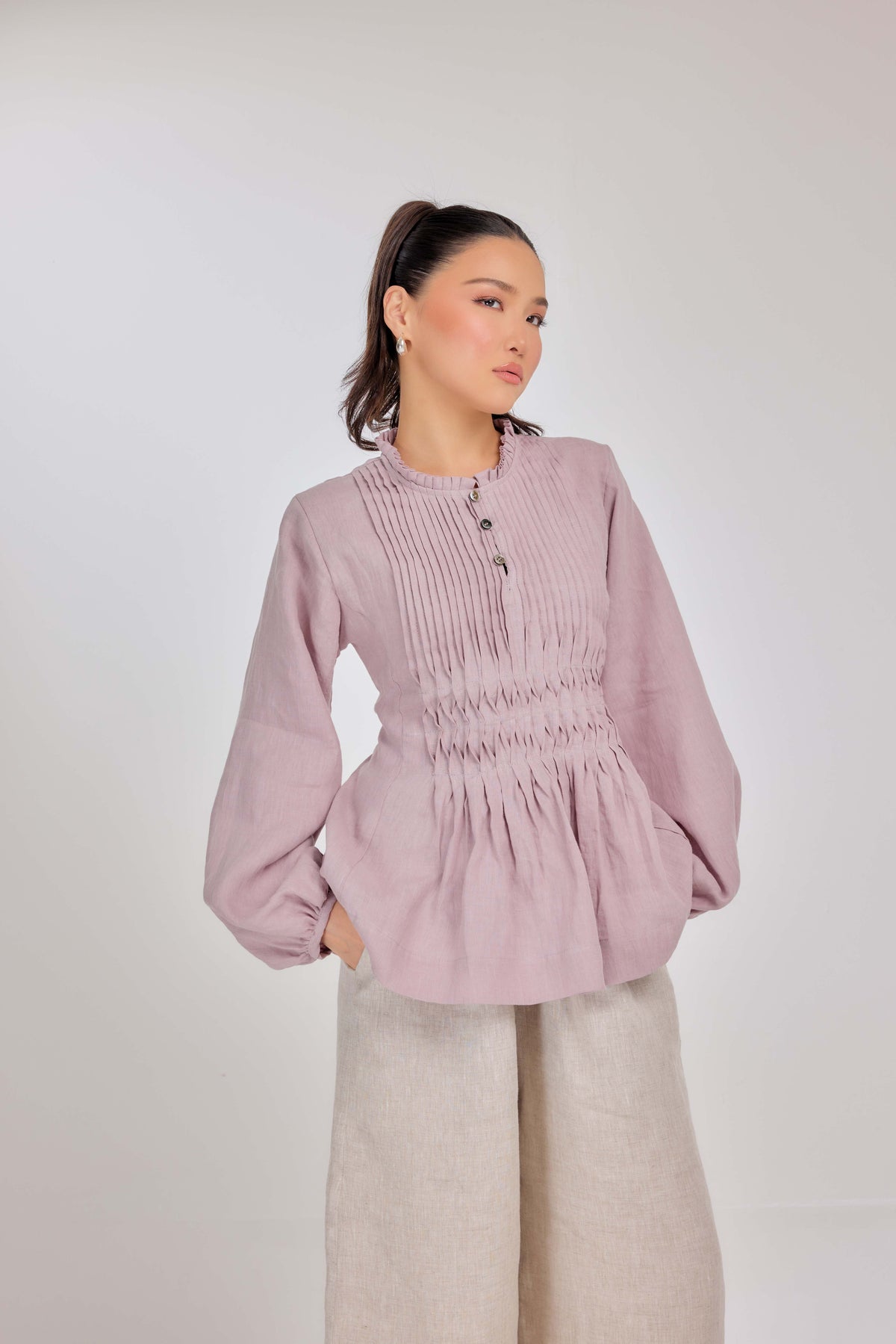 23 - Memento Pleated Lace-Up Micro-Check Pure Linen Top in Mauve Mist