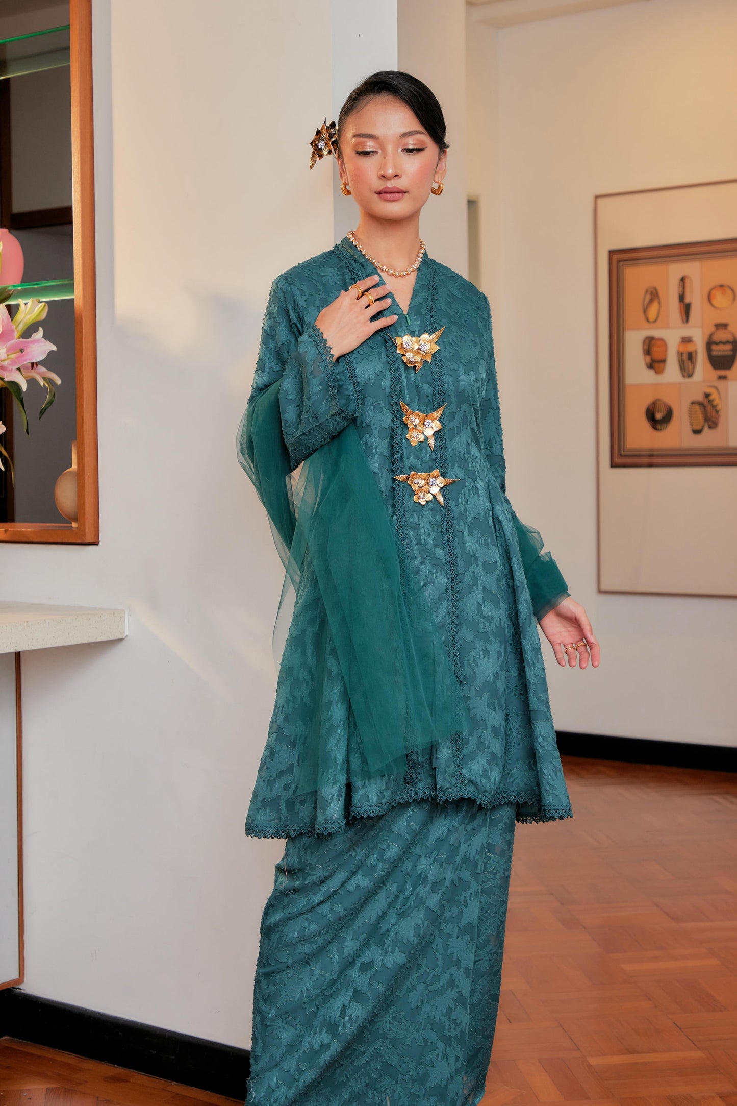 Emerald Green - Jacquard Lace Kebaya Riau Set (Full Lining)