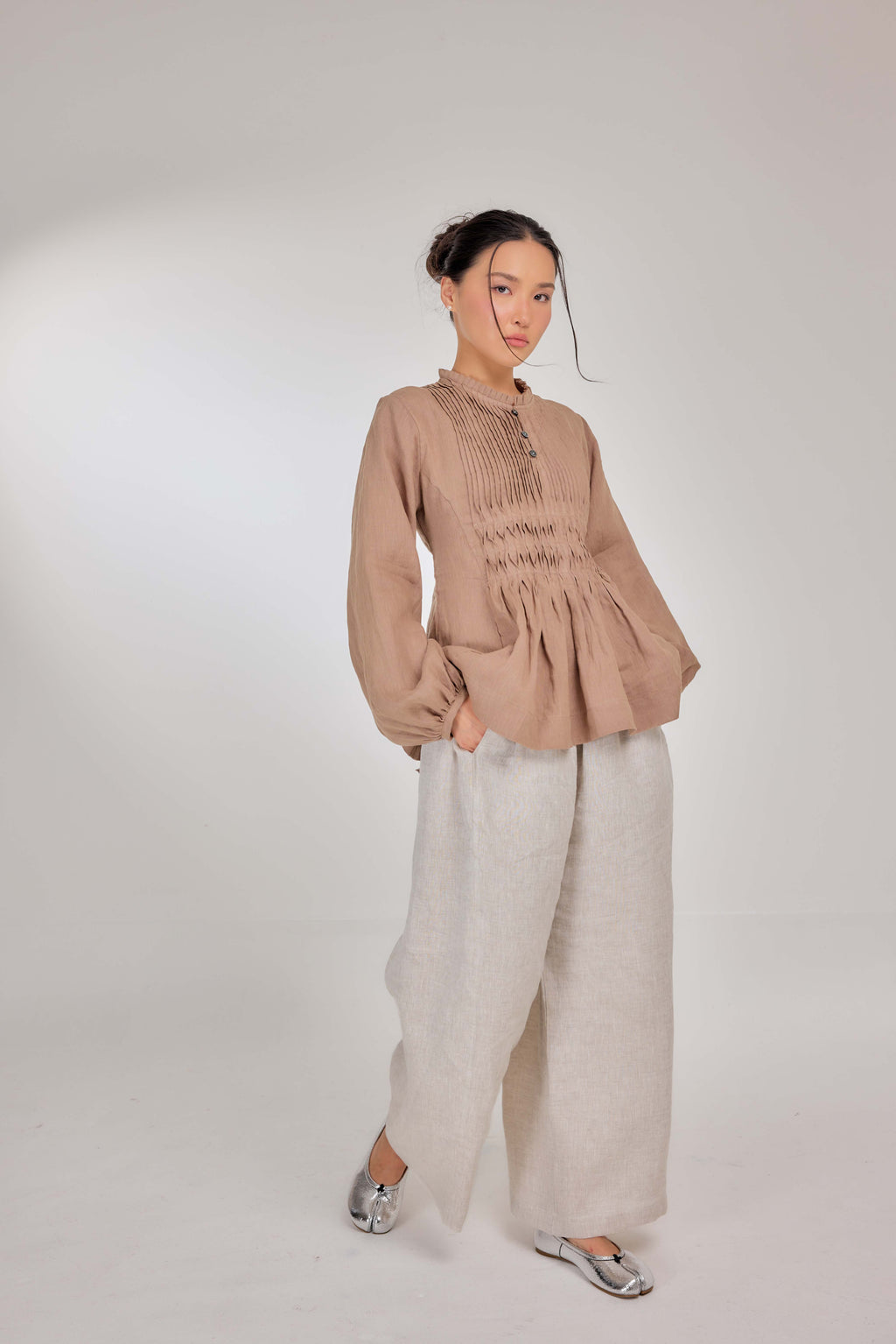 06 - Memento Pleated Lace-Up Pure Linen Top in Macadamia Butter