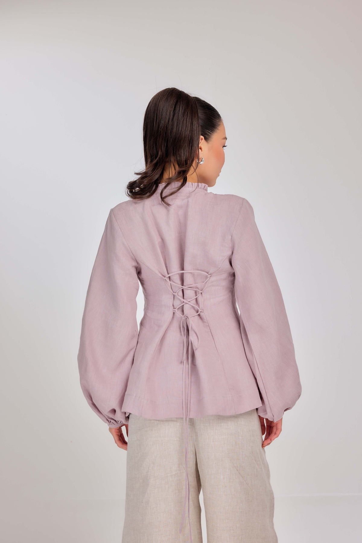 23 - Memento Pleated Lace-Up Micro-Check Pure Linen Top in Mauve Mist