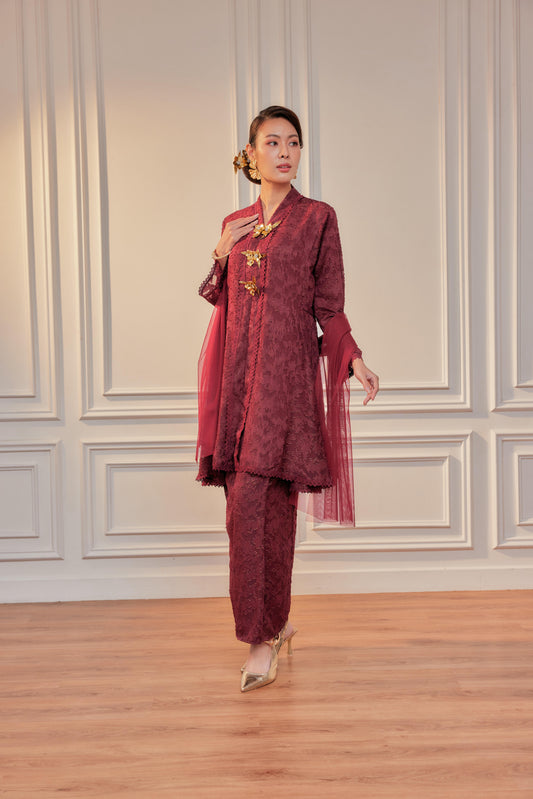 Burgundy Cherry - Jacquard Lace Kebaya Riau Set (Full Lining)