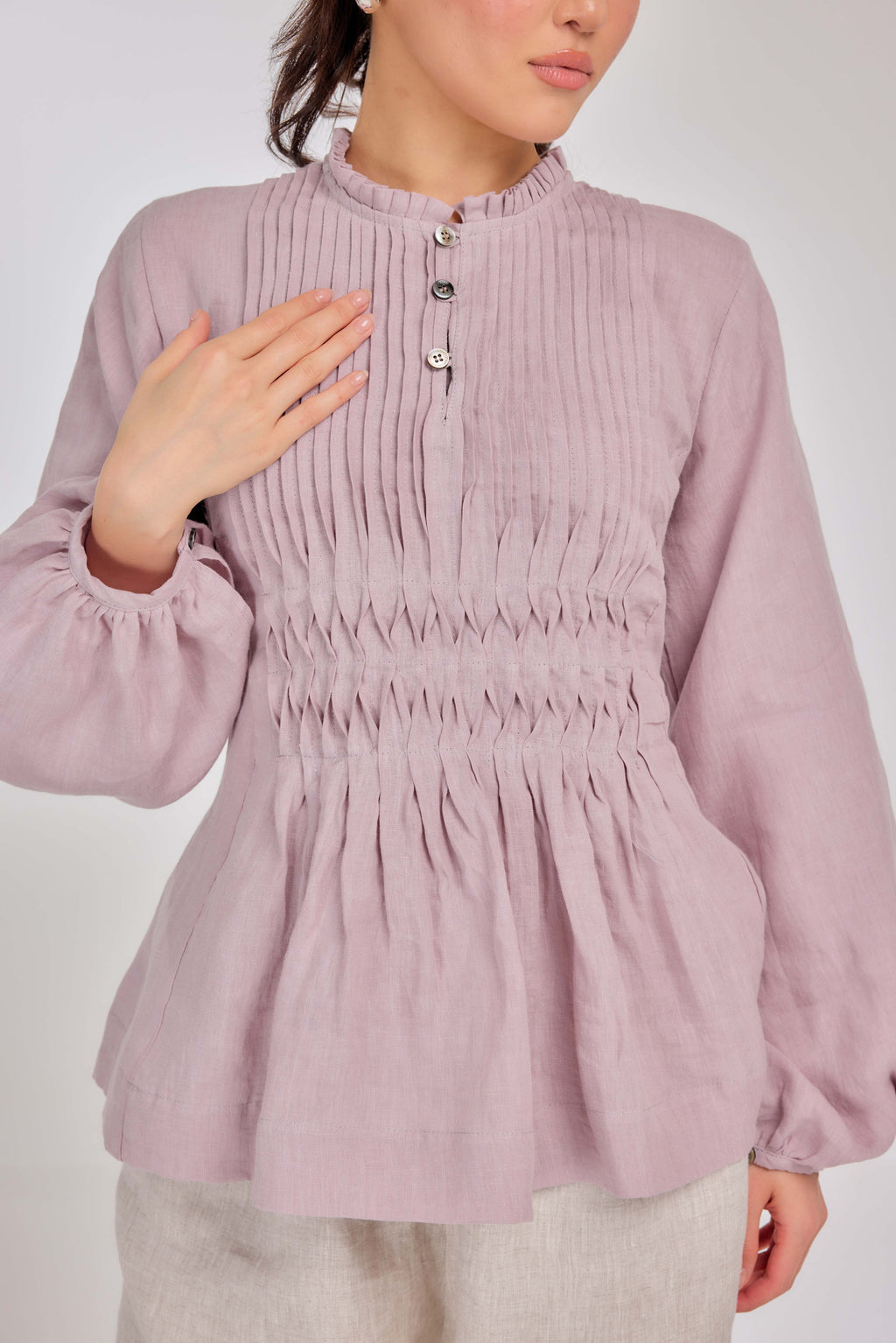 23 - Memento Pleated Lace-Up Micro-Check Pure Linen Top in Mauve Mist