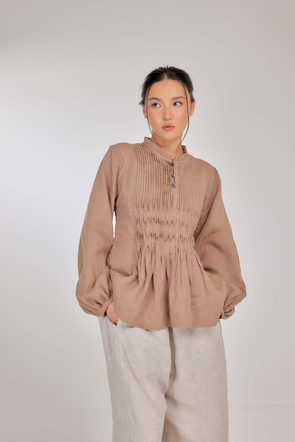 06 - Memento Pleated Lace-Up Pure Linen Top in Macadamia Butter