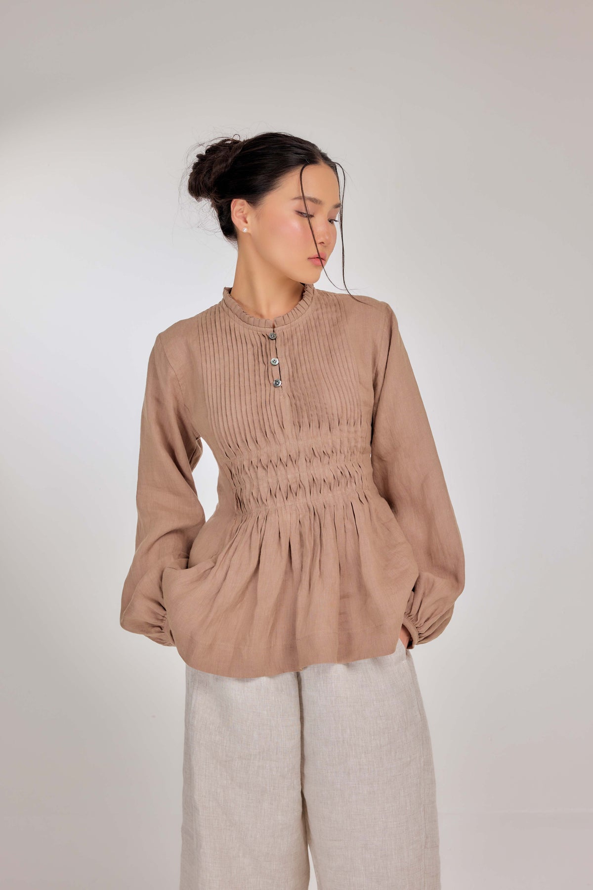 06 - Memento Pleated Lace-Up Pure Linen Top in Macadamia Butter