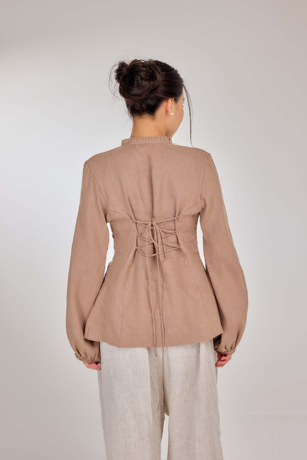 06 - Memento Pleated Lace-Up Pure Linen Top in Macadamia Butter