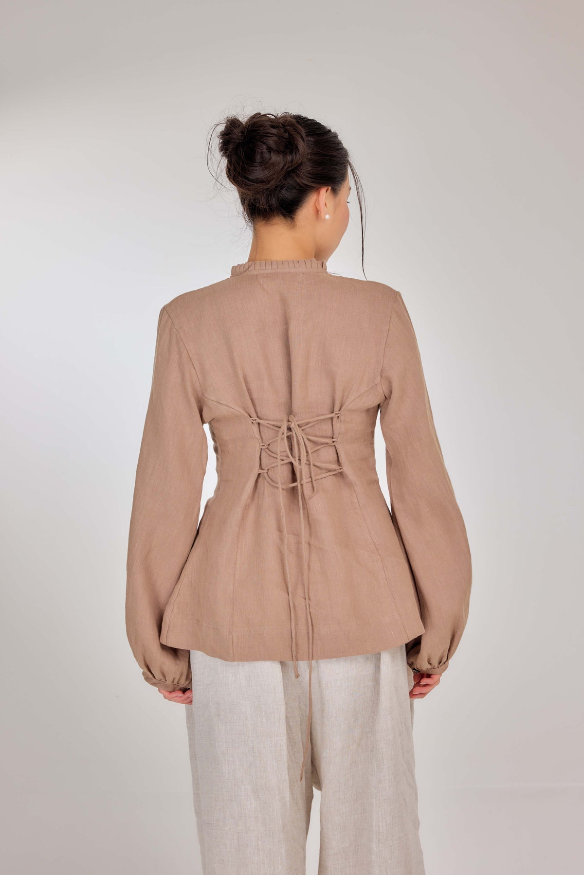 06 - Memento Pleated Lace-Up Pure Linen Top in Macadamia Butter