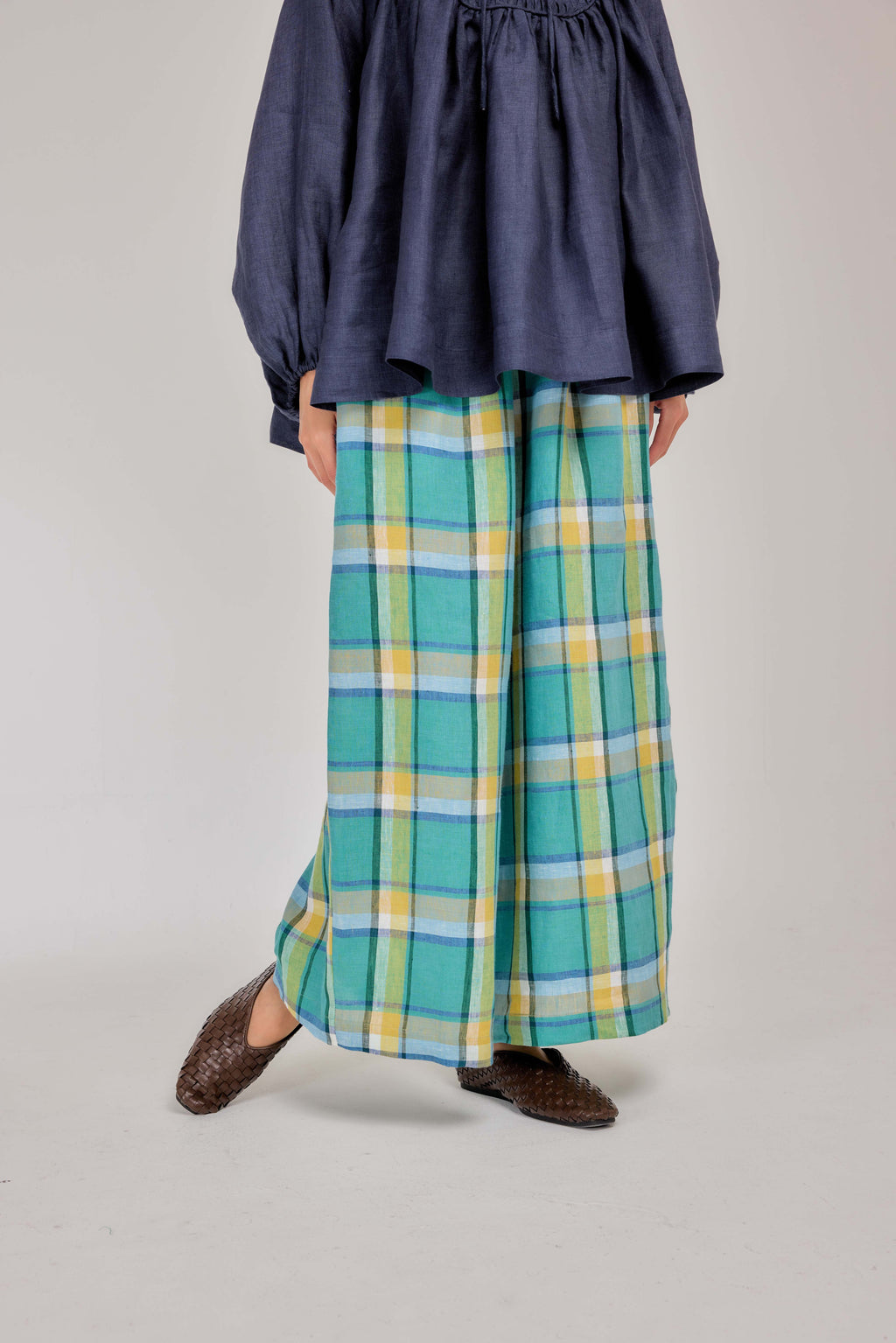 12 - Relaxed Barrel Plaid Pure Linen Pants in Morning Lagoon