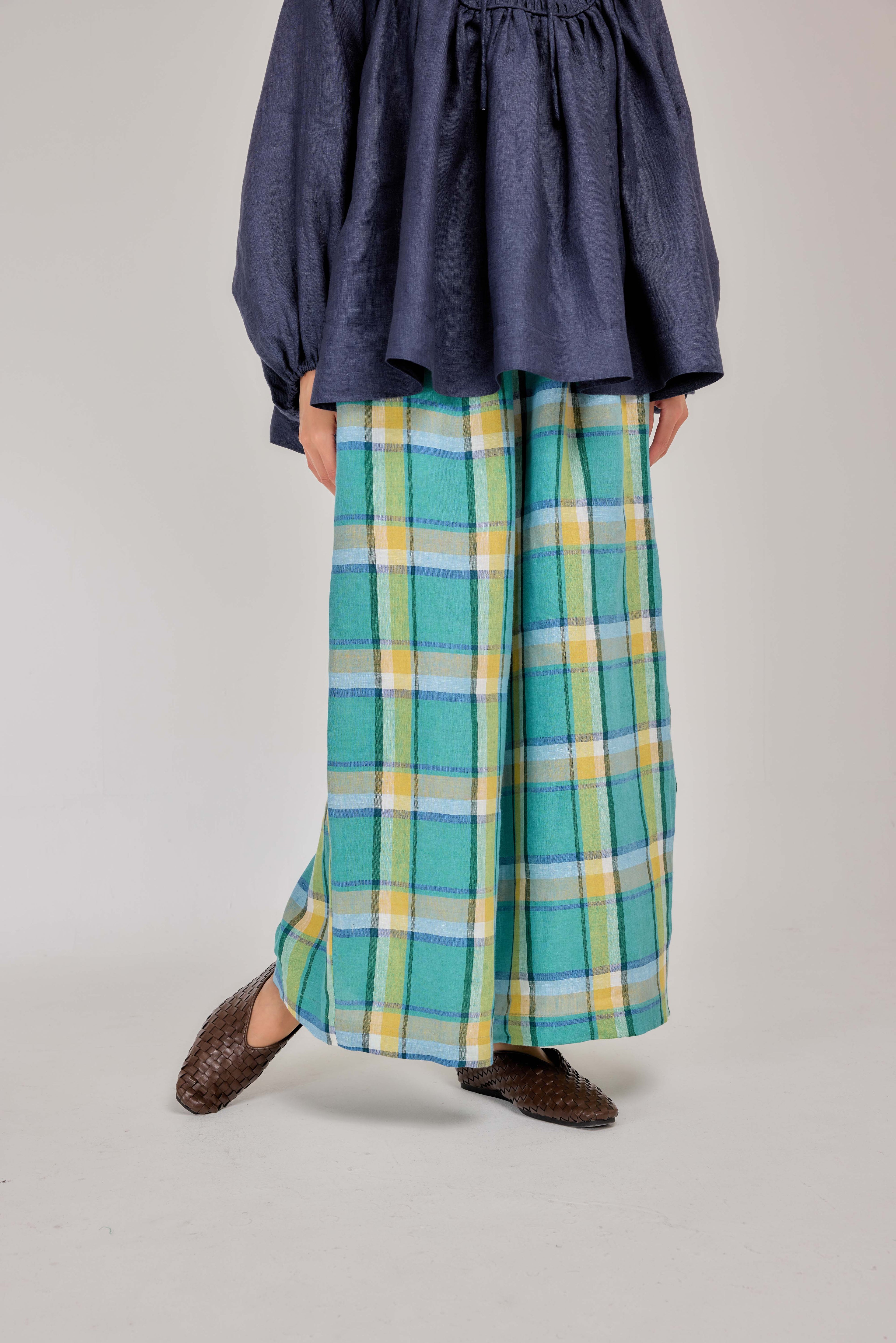12 - Relaxed Barrel Plaid Pure Linen Pants in Morning Lagoon