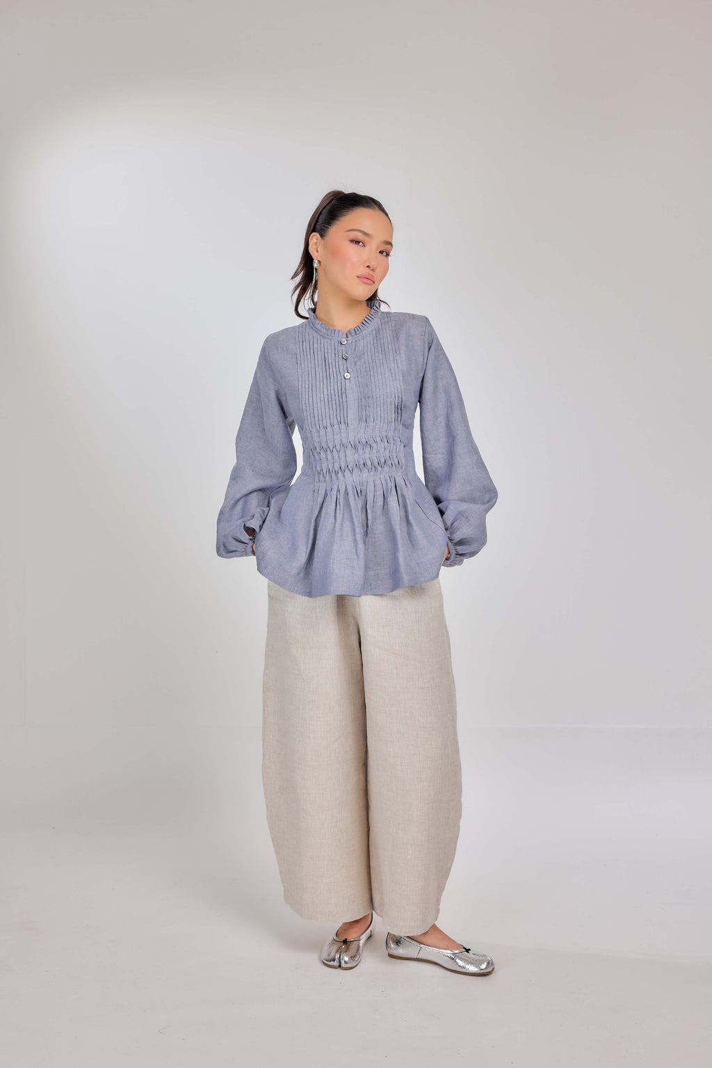 24 - Memento Pleated Lace-Up Micro-Check Pure Linen Top in Morning Mist