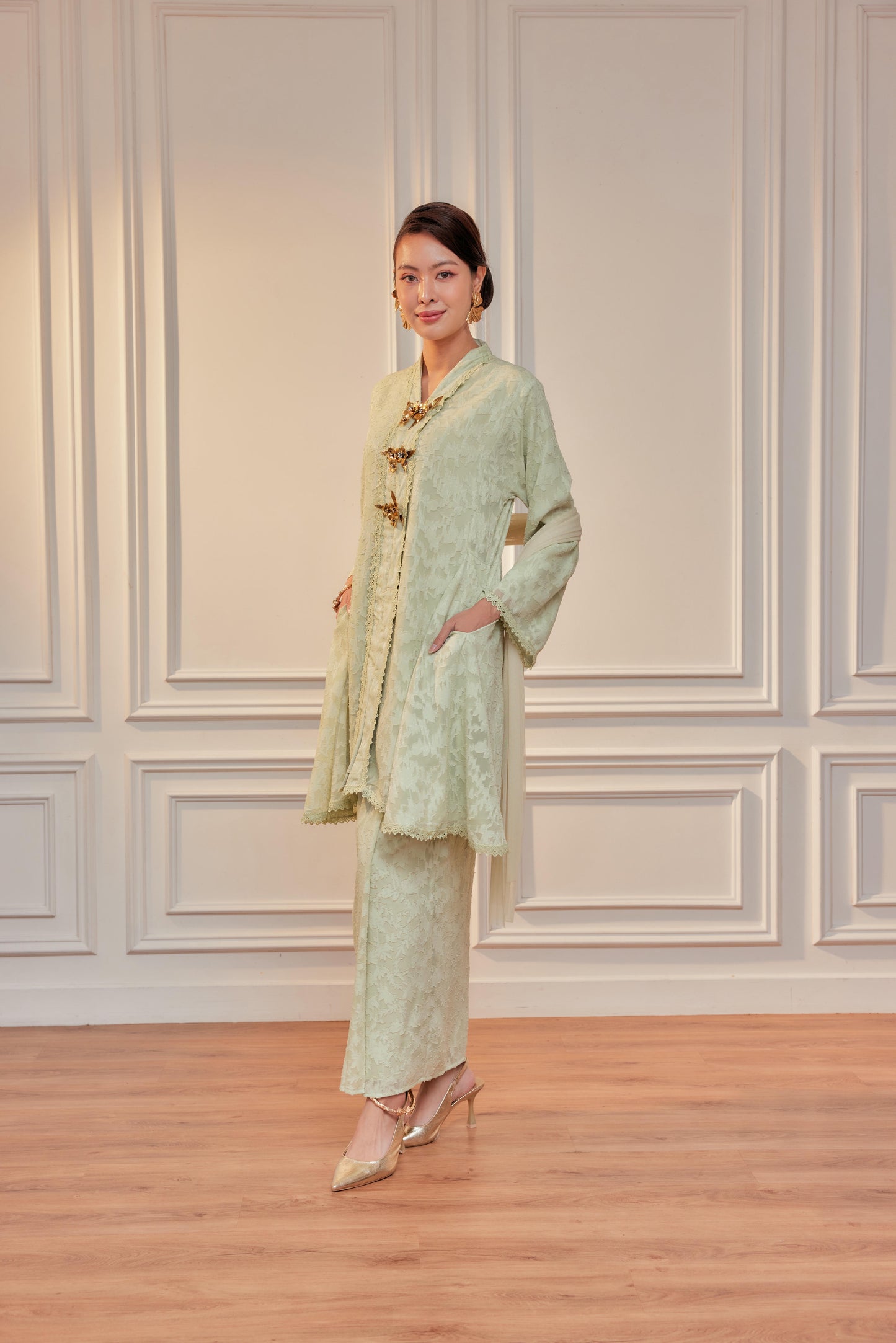 Pastel Green Lily - Jacquard Lace Kebaya Riau Set (Full Lining)