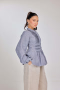 24 - Memento Pleated Lace-Up Micro-Check Pure Linen Top in Morning Mist
