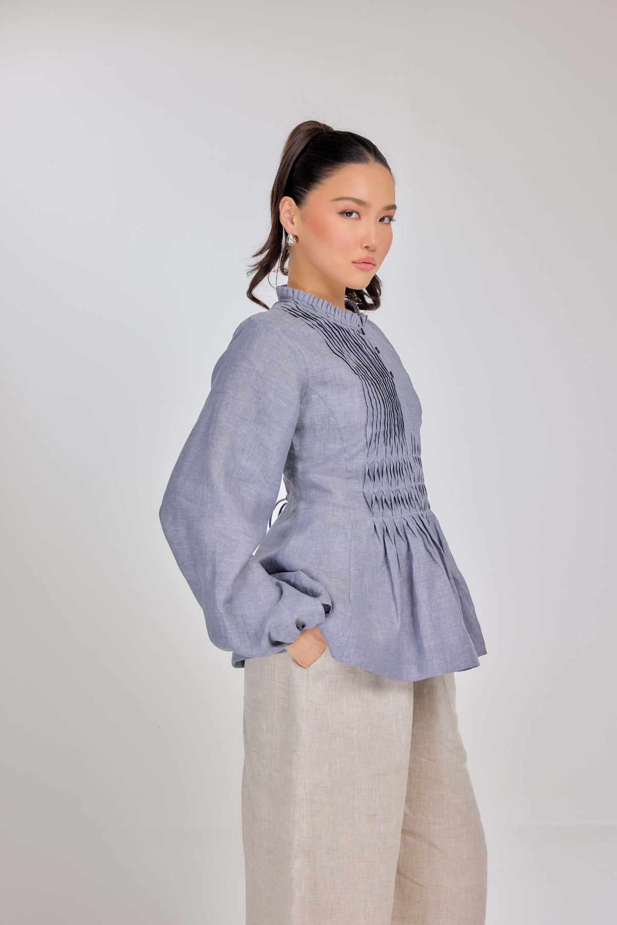 24 - Memento Pleated Lace-Up Micro-Check Pure Linen Top in Morning Mist