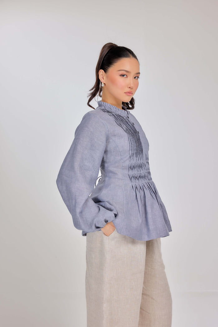 24 - Memento Pleated Lace-Up Micro-Check Pure Linen Top in Morning Mist