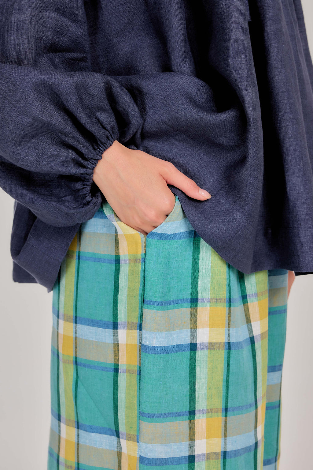 12 - Relaxed Barrel Plaid Pure Linen Pants in Morning Lagoon