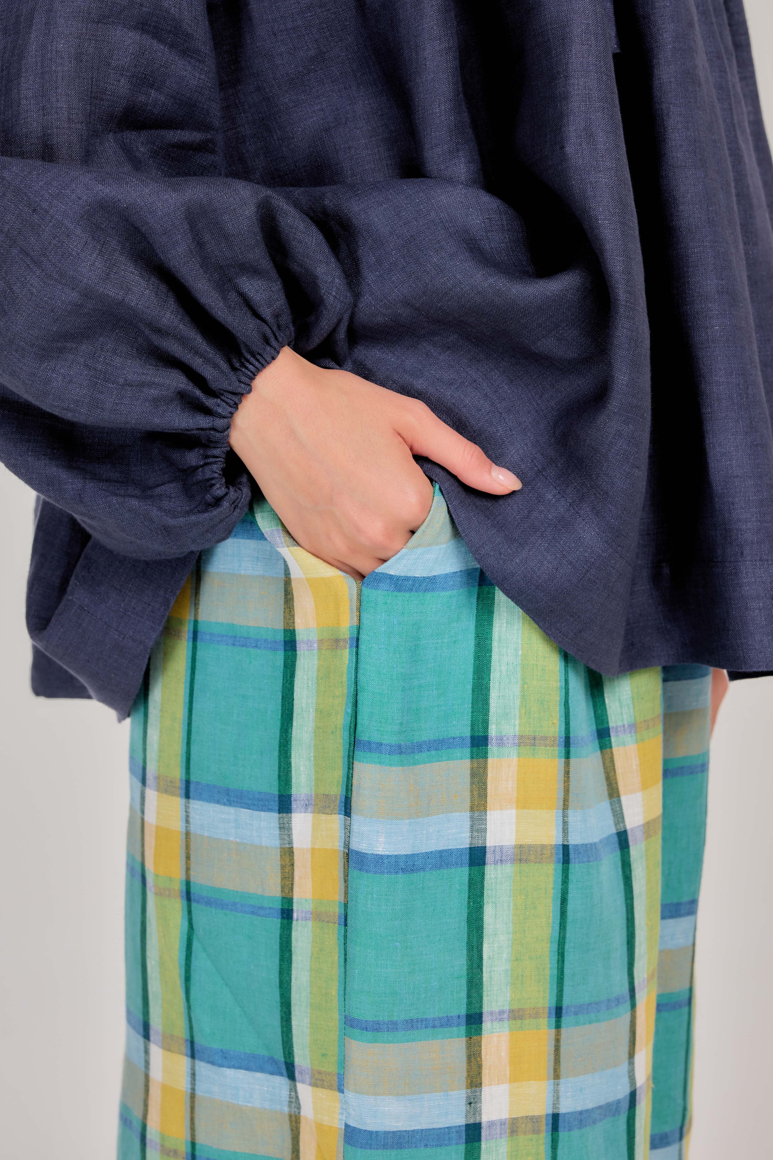 12 - Relaxed Barrel Plaid Pure Linen Pants in Morning Lagoon