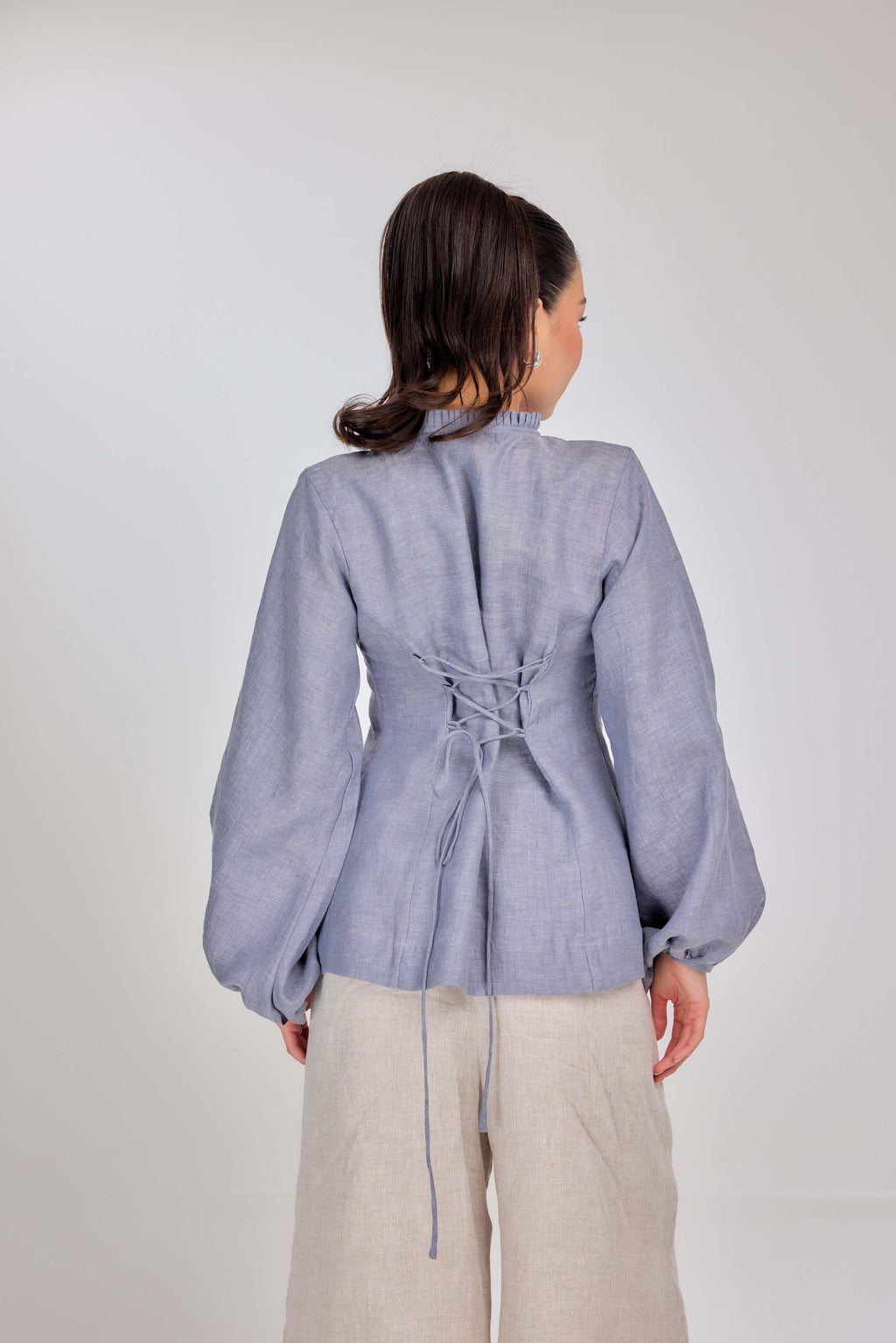 24 - Memento Pleated Lace-Up Micro-Check Pure Linen Top in Morning Mist