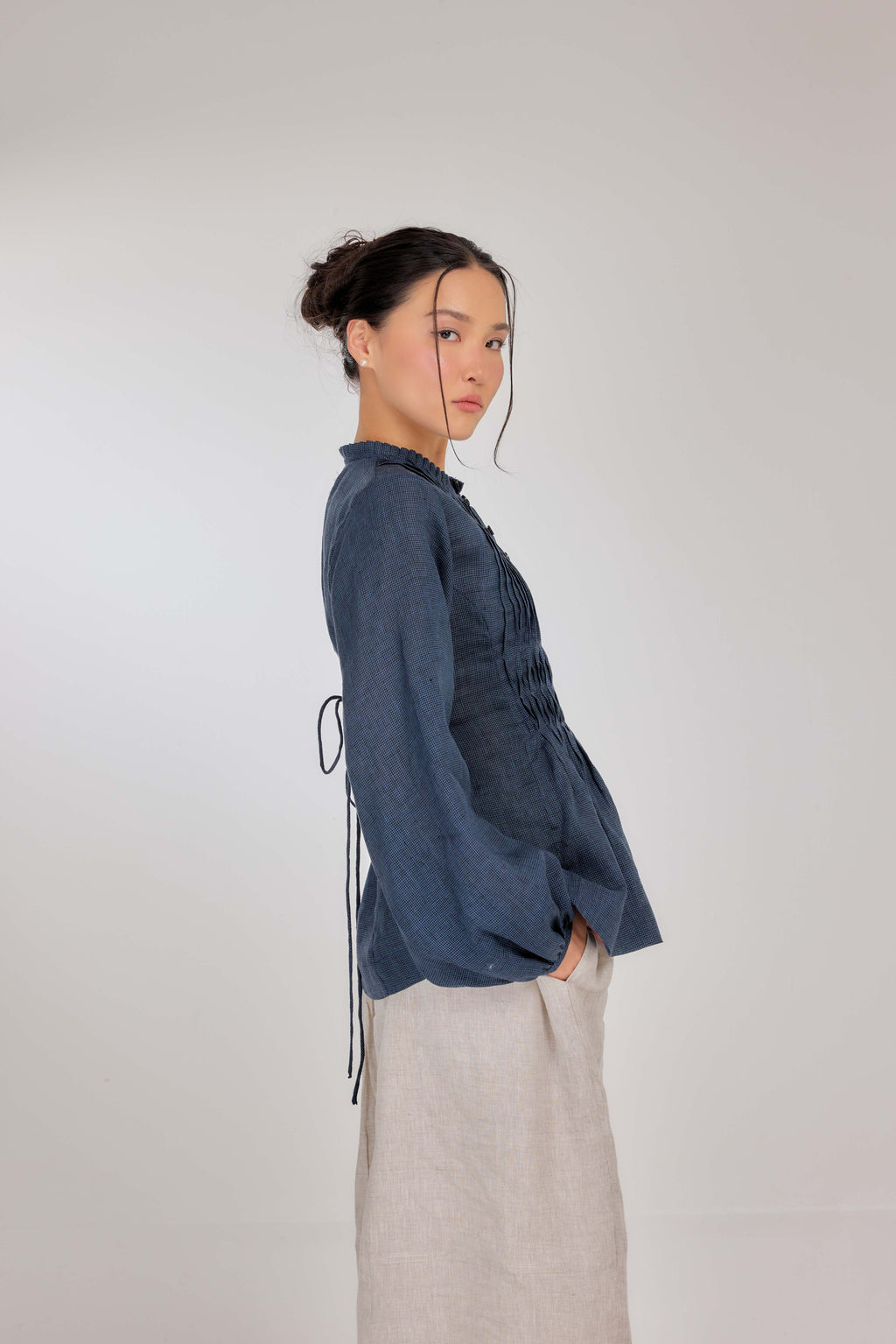 13 - Memento Pleated Lace-Up Micro-Check Pure Linen Top in Cosmic