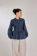 13 - Memento Pleated Lace-Up Micro-Check Pure Linen Top in Cosmic