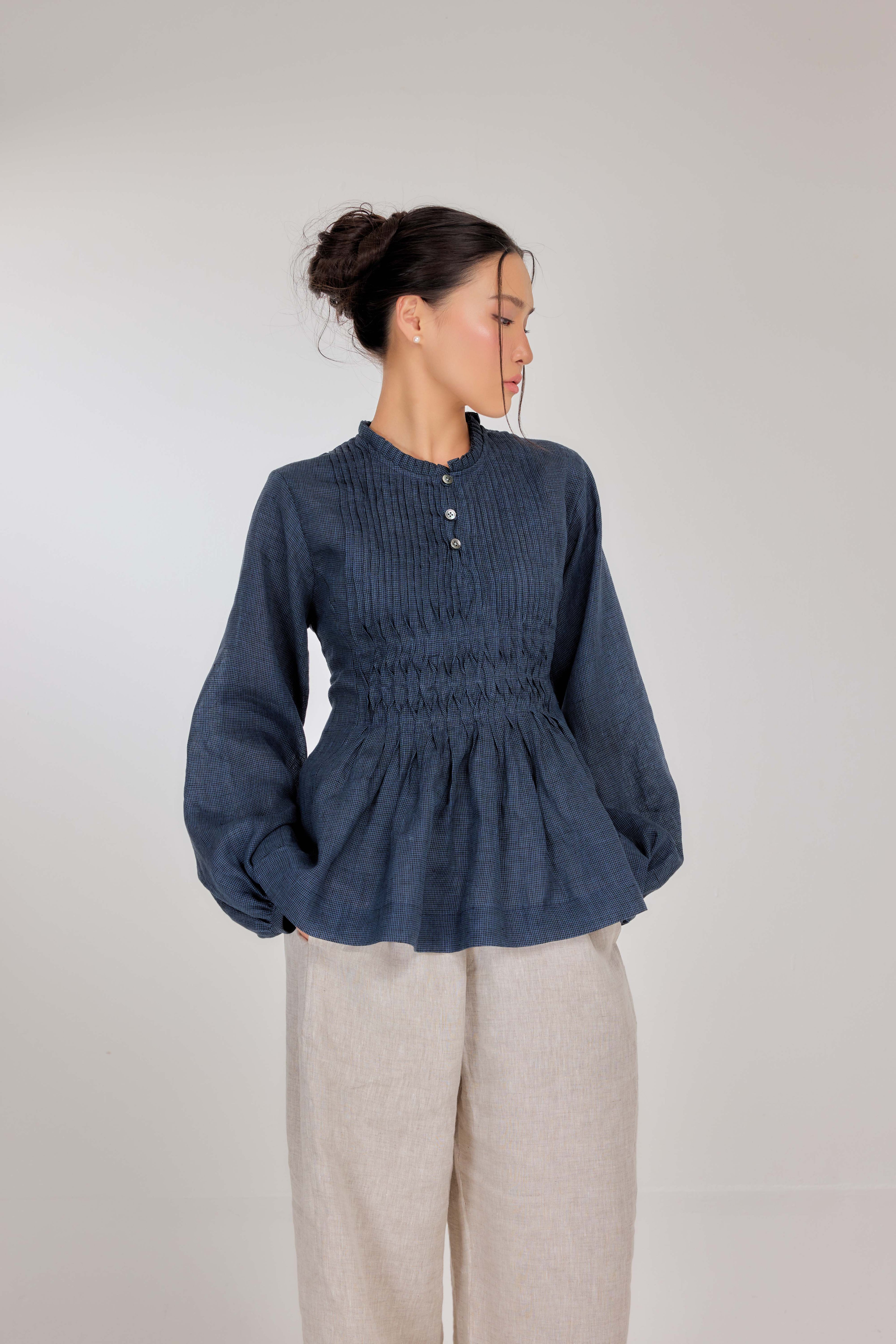 13 - Memento Pleated Lace-Up Micro-Check Pure Linen Top in Cosmic